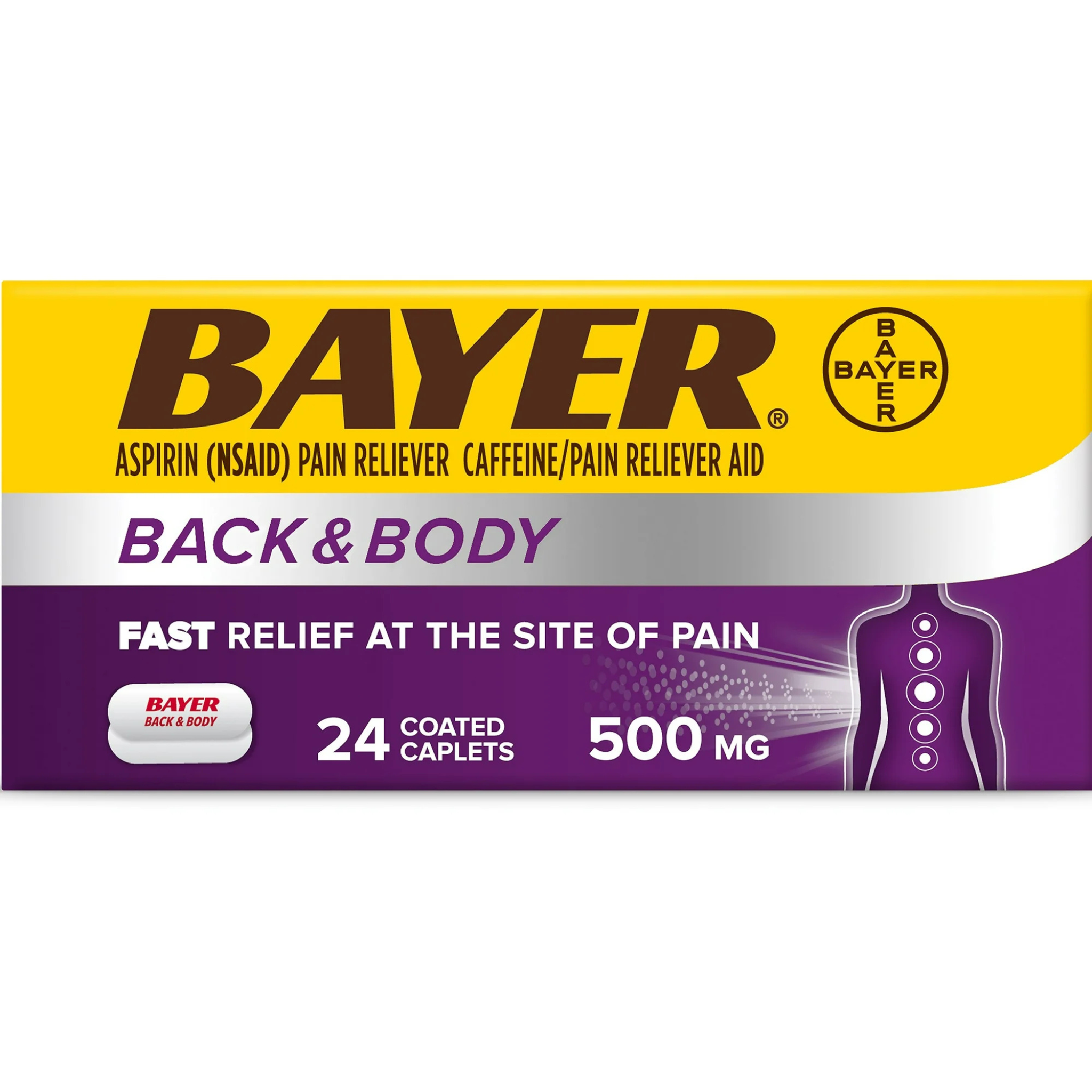 Bayer Back & Body Extra Strength Pain Reliever Aspirin w Caffeine, 500mg Coated Tablets, 24 Ct