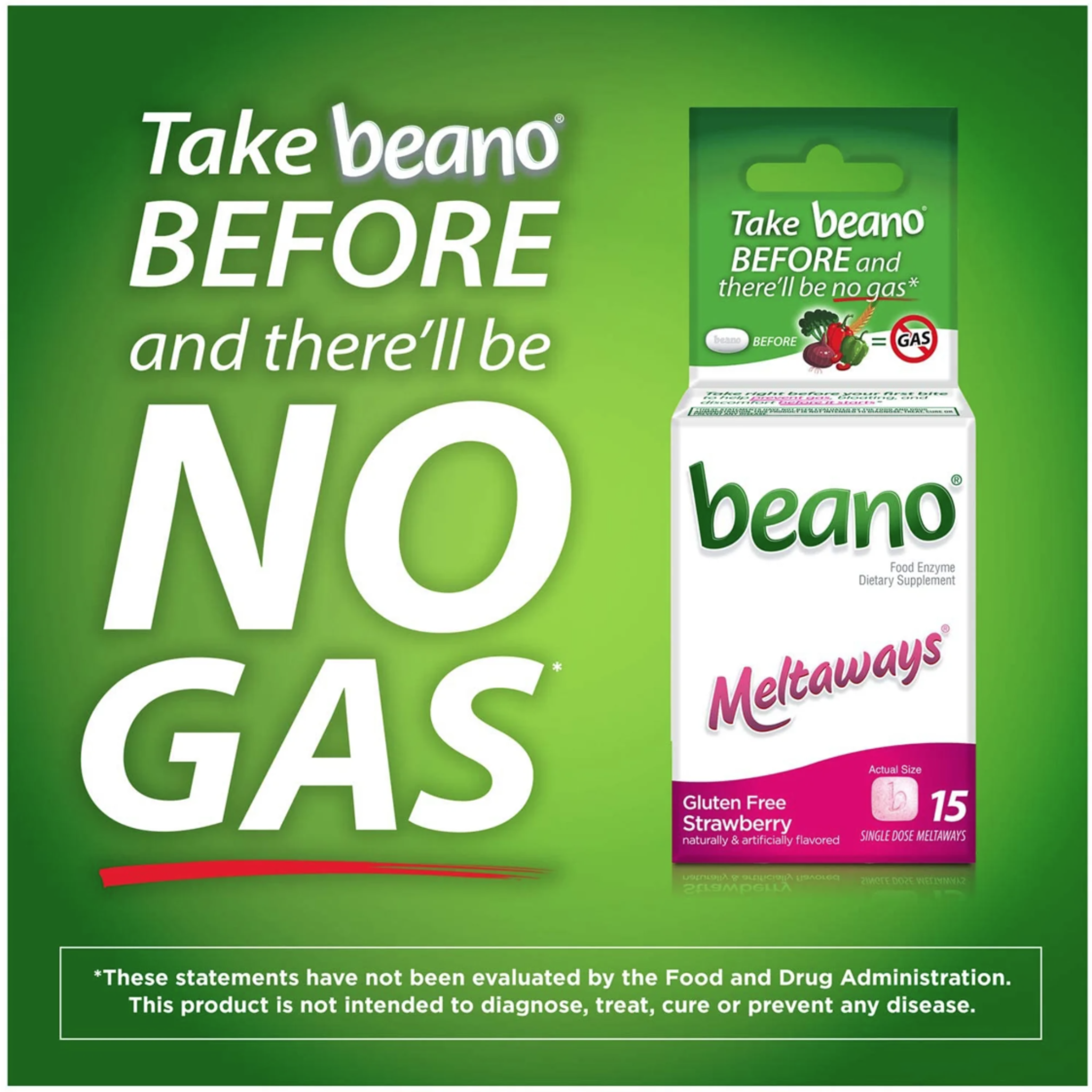 Beano Meltaways, Gas Prevention & Digestive Enzyme Supplement, Strawberry Flavor, 15 Count