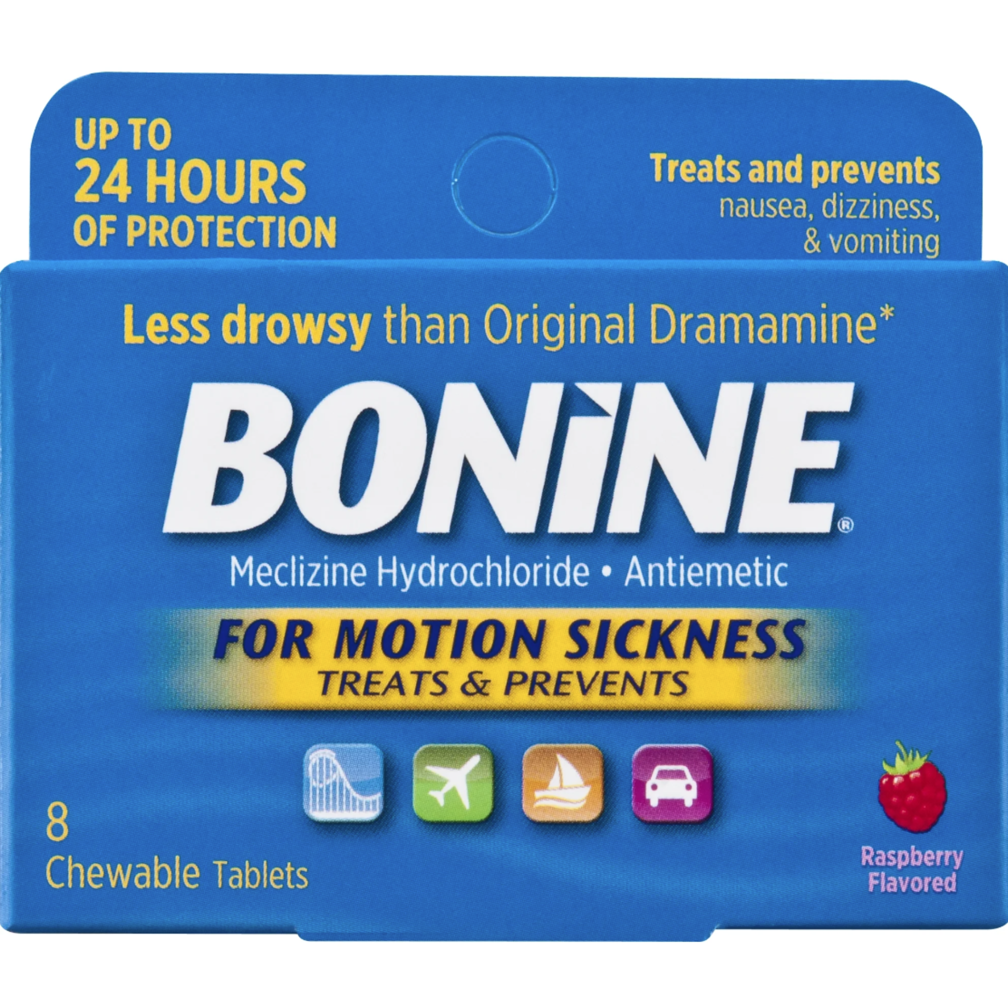 Bonine Motion Sickness and Nausea Relief, Chewable Tablets, Raspberry, 8 Count