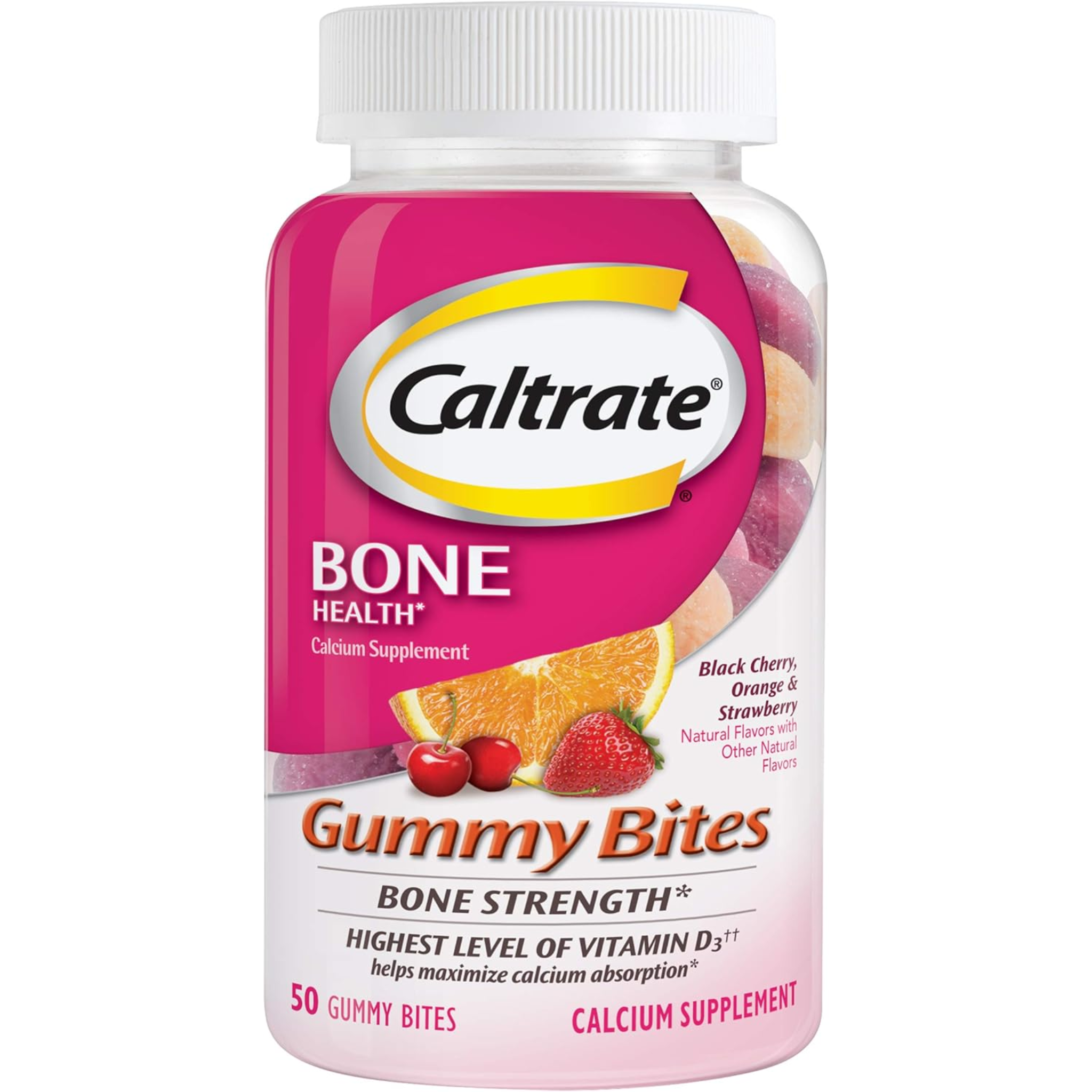 Caltrate Gummy Bites, 500 mg Calcium & Vitamin D Supplement, Black Cherry, Strawberry, Orange, 50 Count