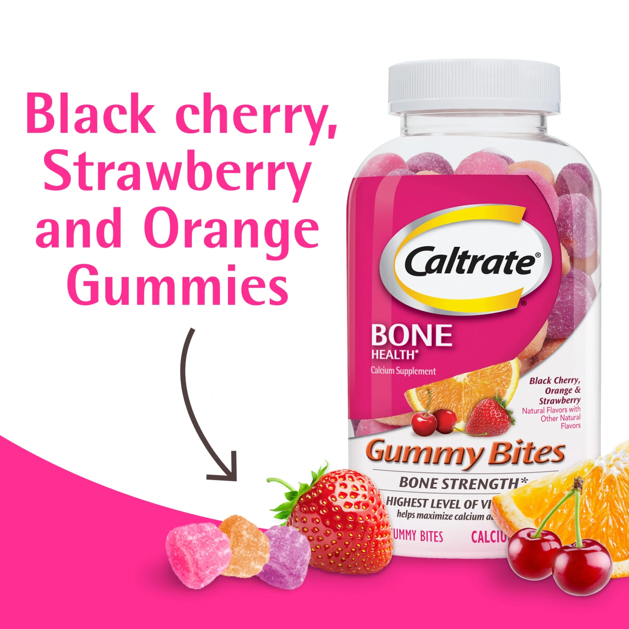 Caltrate Gummy Bites, 500 mg Calcium & Vitamin D Supplement, Black Cherry, Strawberry, Orange, 50 Count