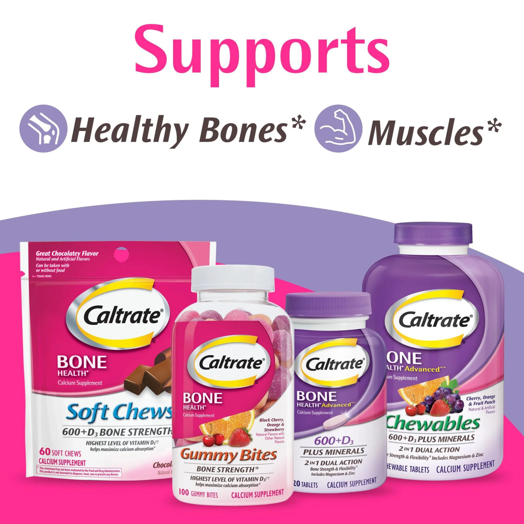 Caltrate Gummy Bites, 500 mg Calcium & Vitamin D Supplement, Black Cherry, Strawberry, Orange, 50 Count