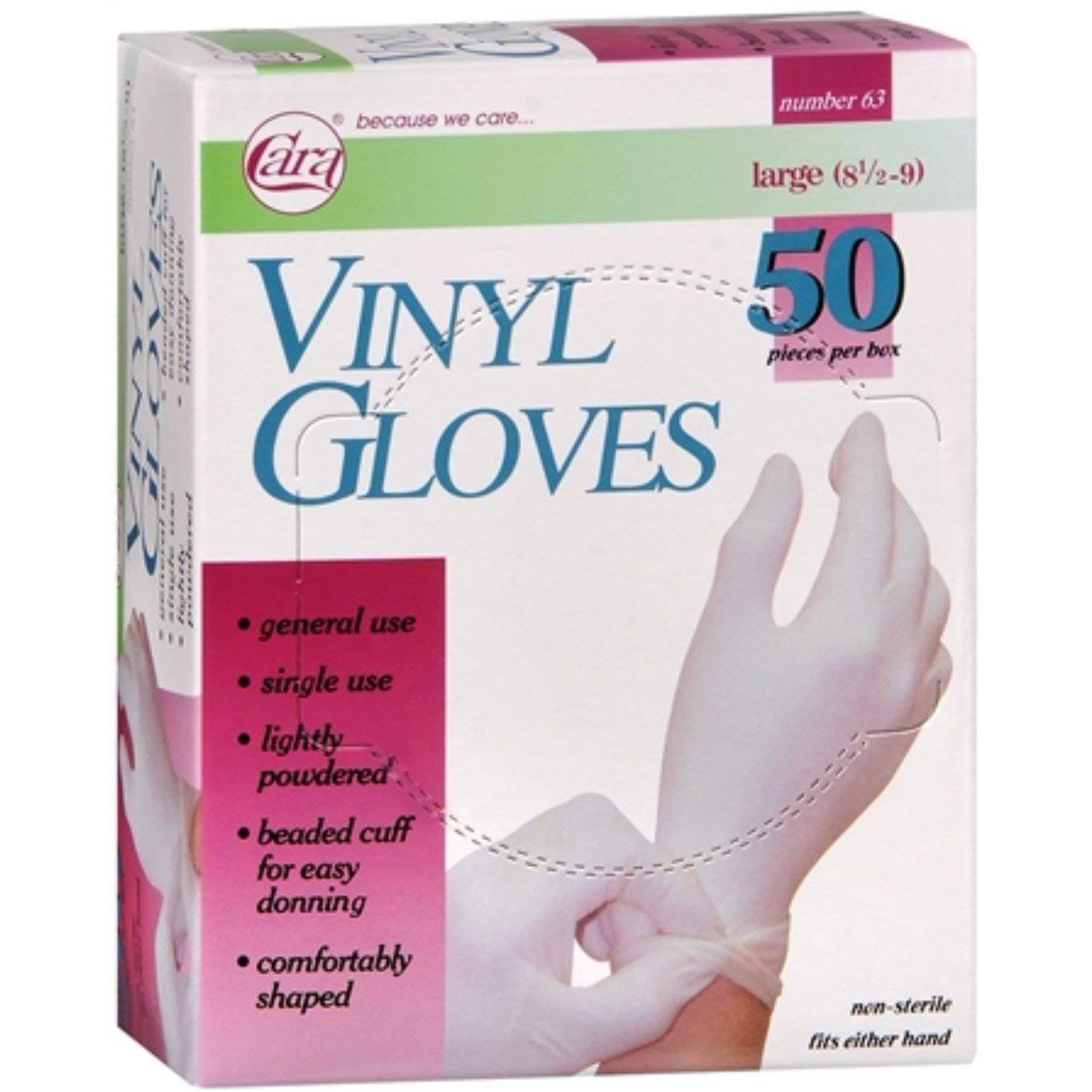 Cara, Vinyl Gloves, Non-Sterile, Comfortable and Flexible Fit for Various Applications, Large (8 1/2 to 9), 50 Each