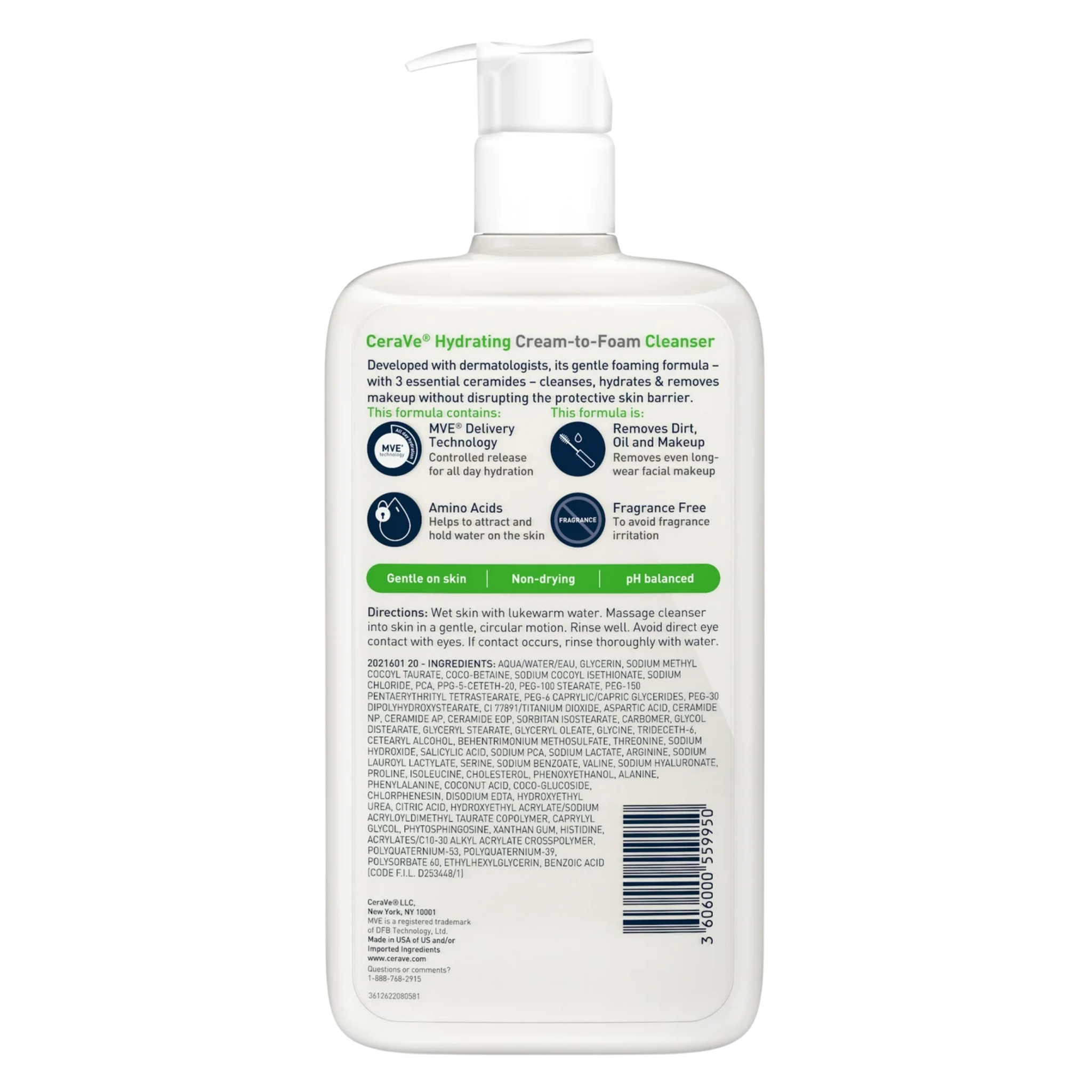 CeraVe, Hydrating Cream-to-Foam Cleanser, Gentle Makeup Removing Face Wash, 12 fl oz