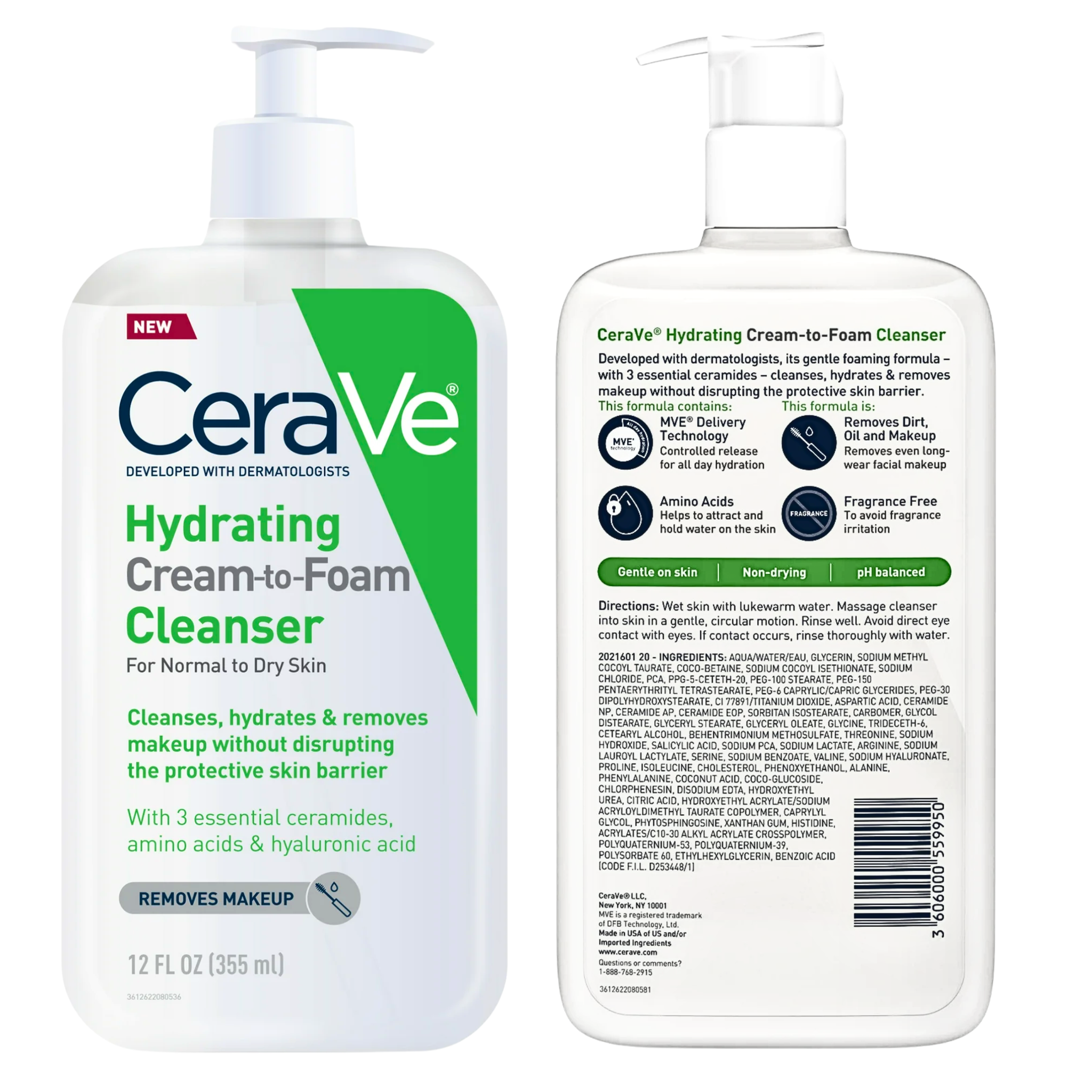 CeraVe, Hydrating Cream-to-Foam Cleanser, Gentle Makeup Removing Face Wash, 12 fl oz