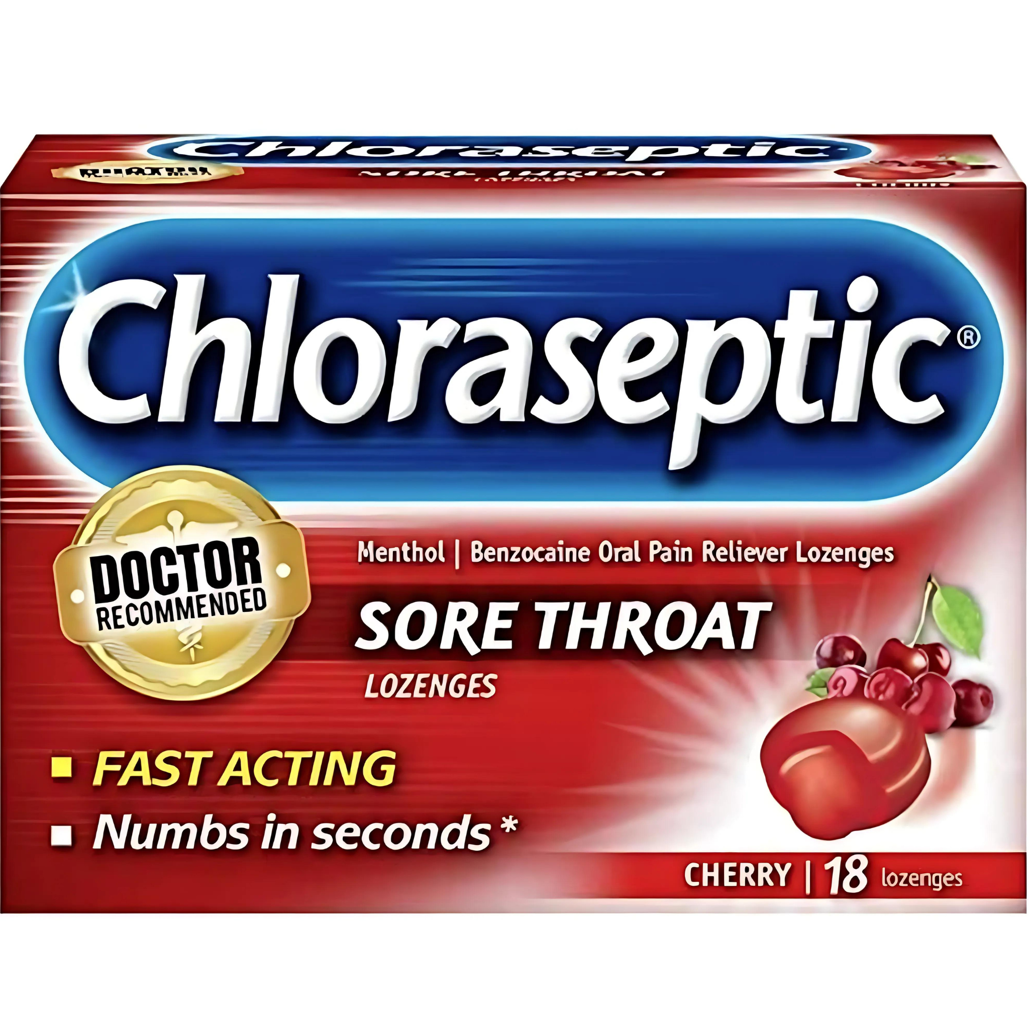 Chloraseptic Benzocaine Oral Pain Reliever Sore Throat Lozenges Cherry 18 ct