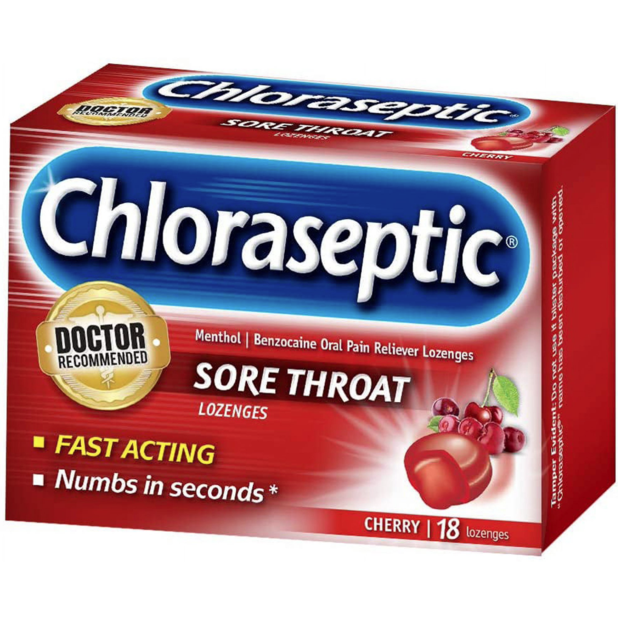 Chloraseptic Benzocaine Oral Pain Reliever Sore Throat Lozenges Cherry 18 ct