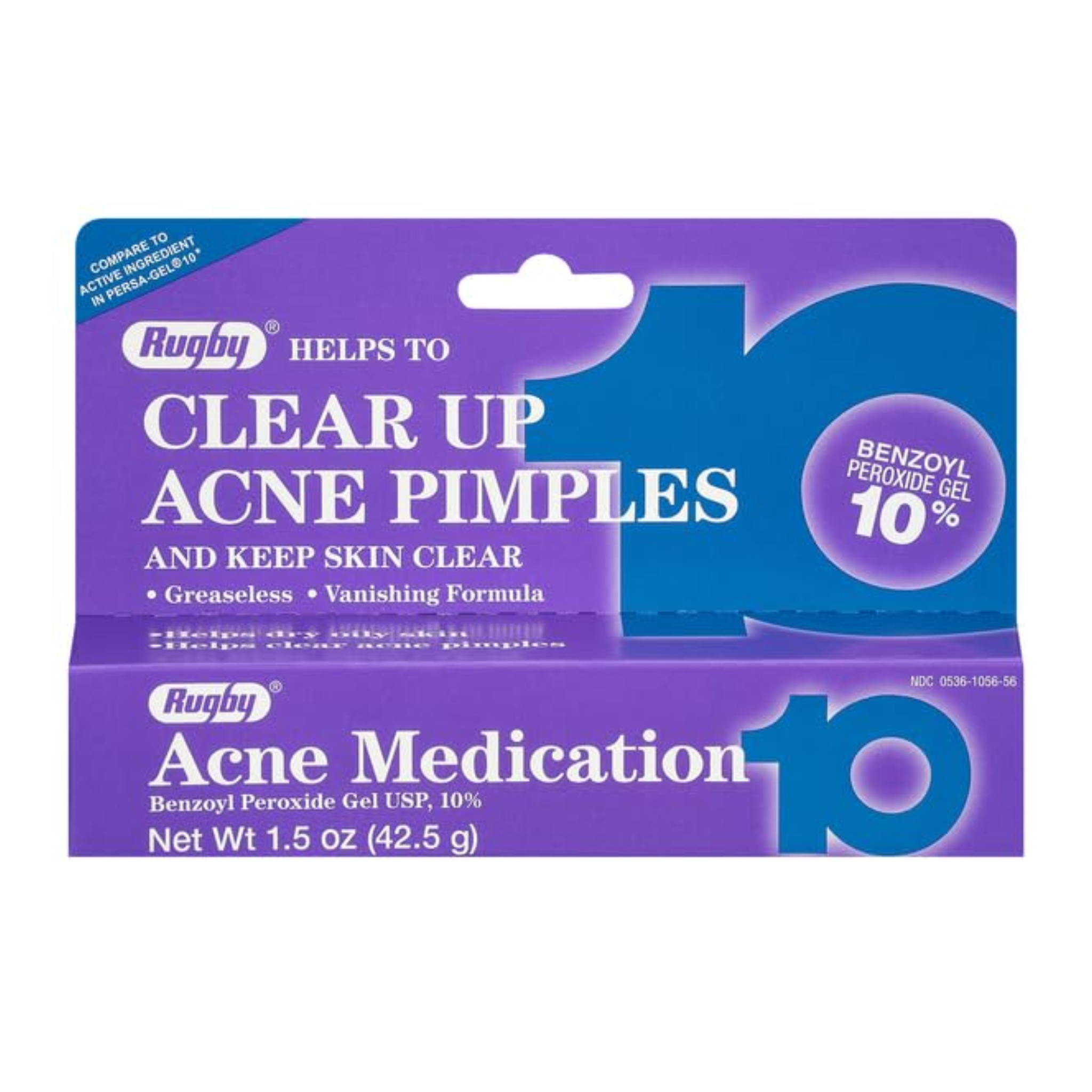 Rugby, Benzoyl Peroxide Acne Medication Gel 10%, Powerful Acne Treatment for Clearer Skin, 1.5 oz