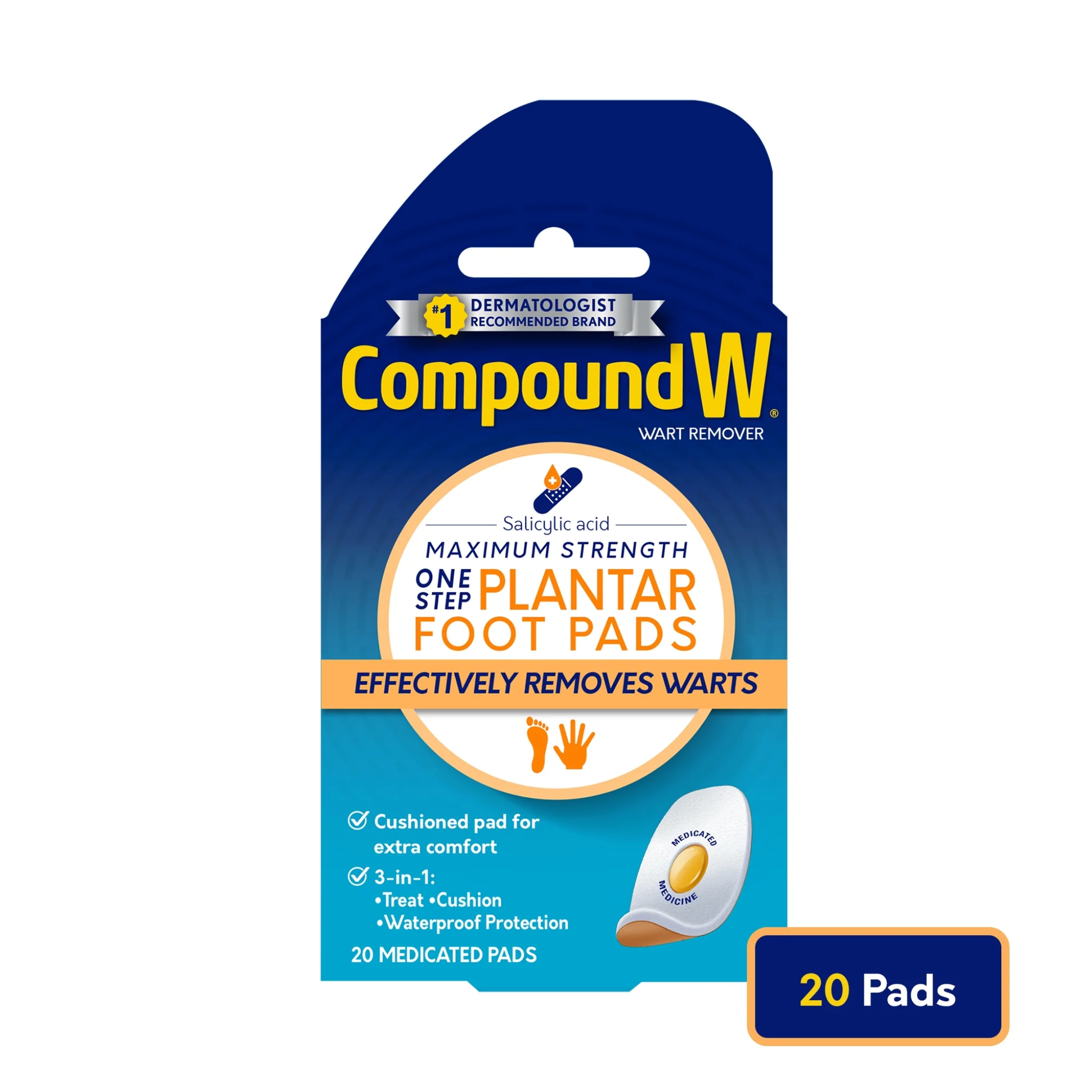 Compound W, Maximum Strength One Step Plantar Wart Remover Foot Pads, Fast-Acting Salicylic Acid Treatment, 20 Count
