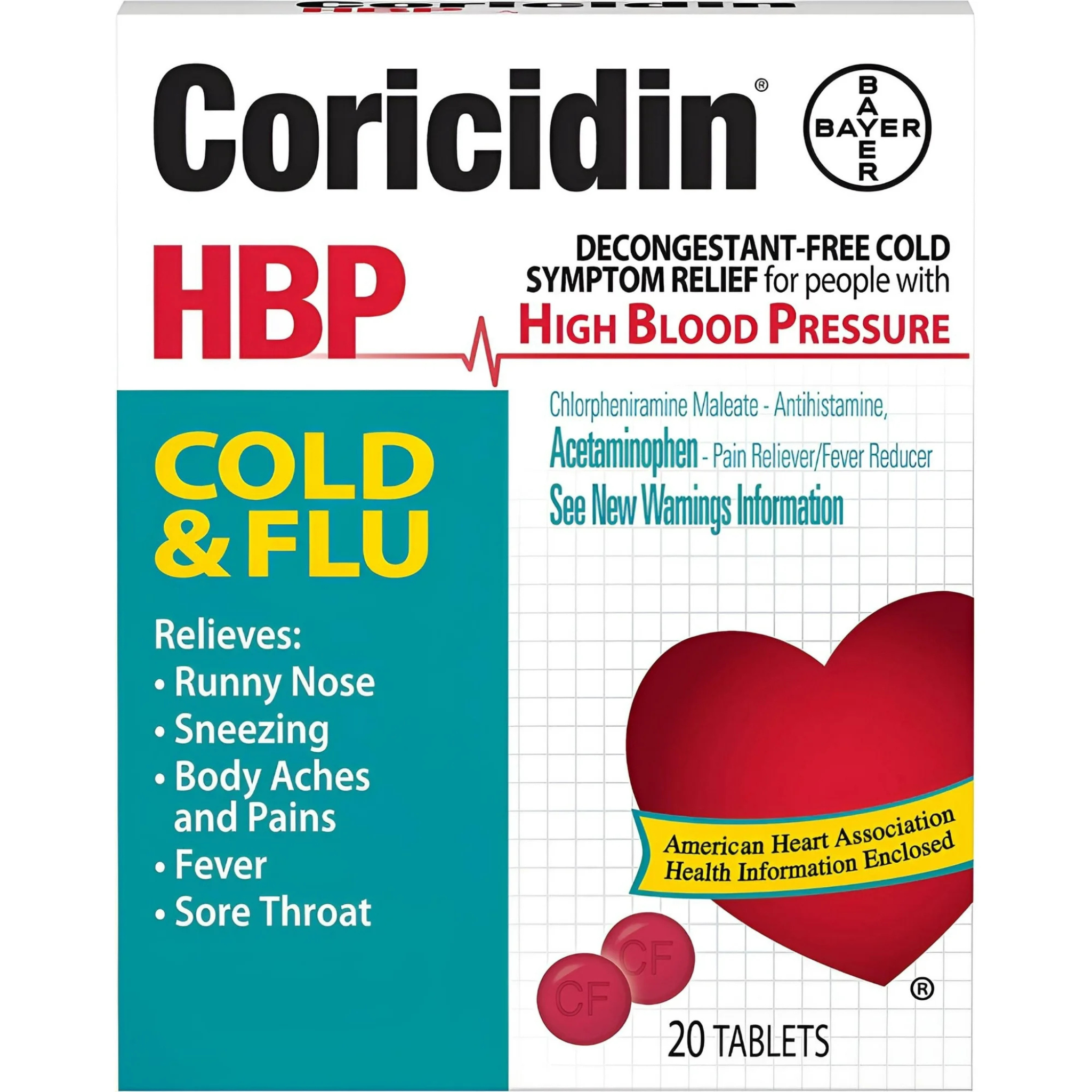 Coricidin HBP Cold & Flu Relief Tablets, High Blood Pressure, 20 Ct