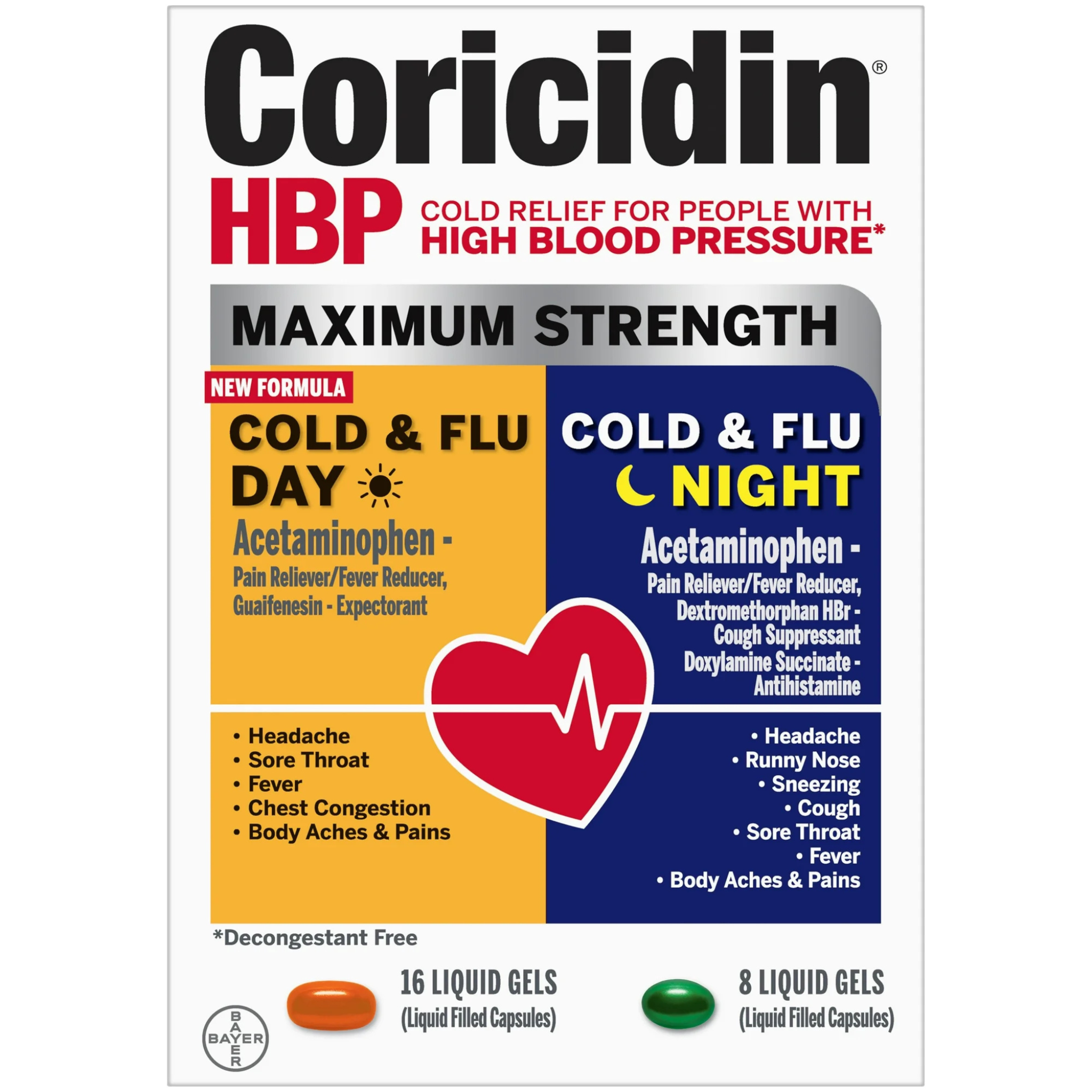 Coricidin HBP, Maximum Strength Cold & Flu Day + Night Liquid Gels, 24 CT