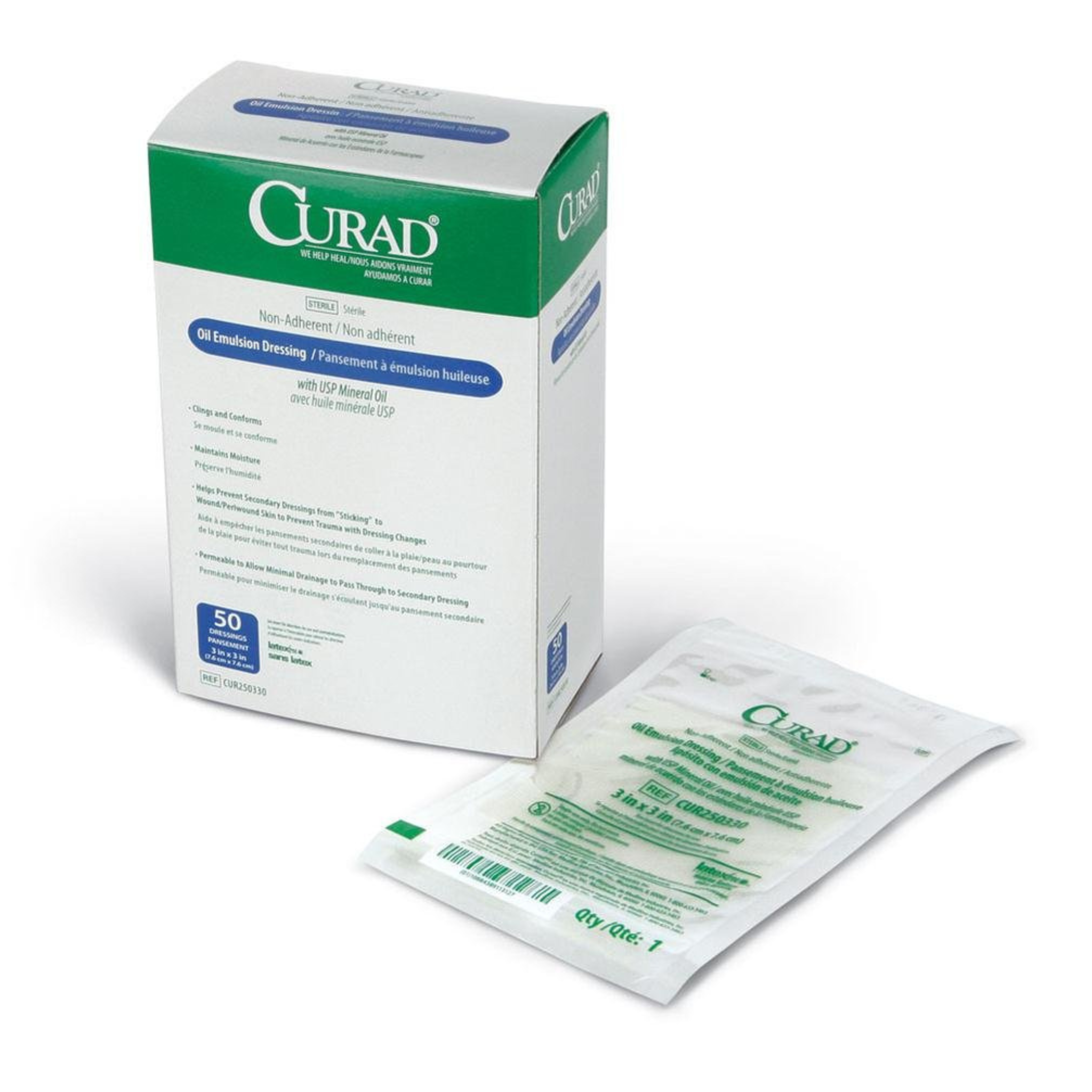 Curad Sterile Oil Emulsion Non-Adherent Gauze Dressing, 3x3 inches, for Minor Burns, Abrasions, 50 Count