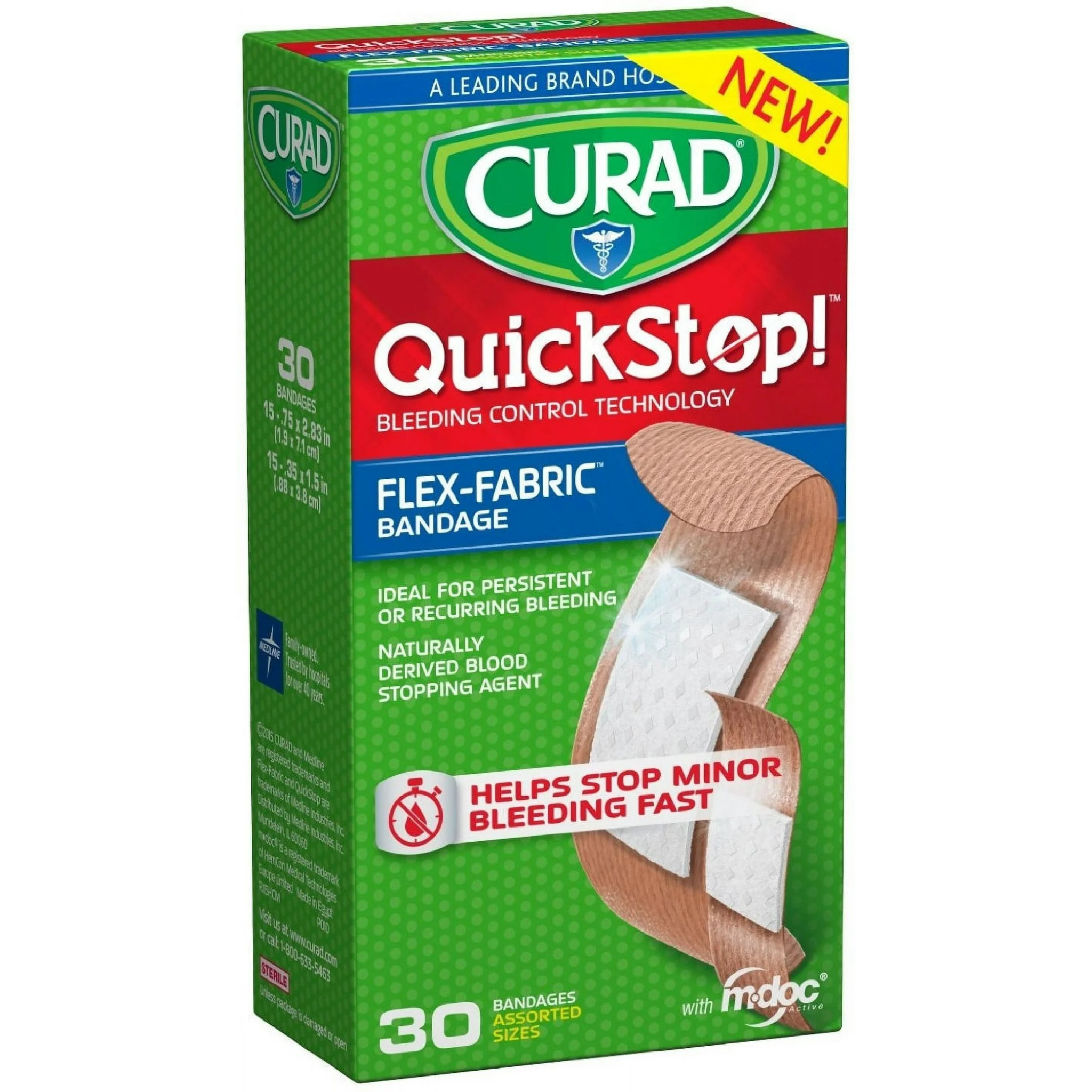 Curad, QuickStop Instant Clotting Technology Flex-Fabric Bandages, Fast and Reliable Wound Protection, Assorted, 30 Ea