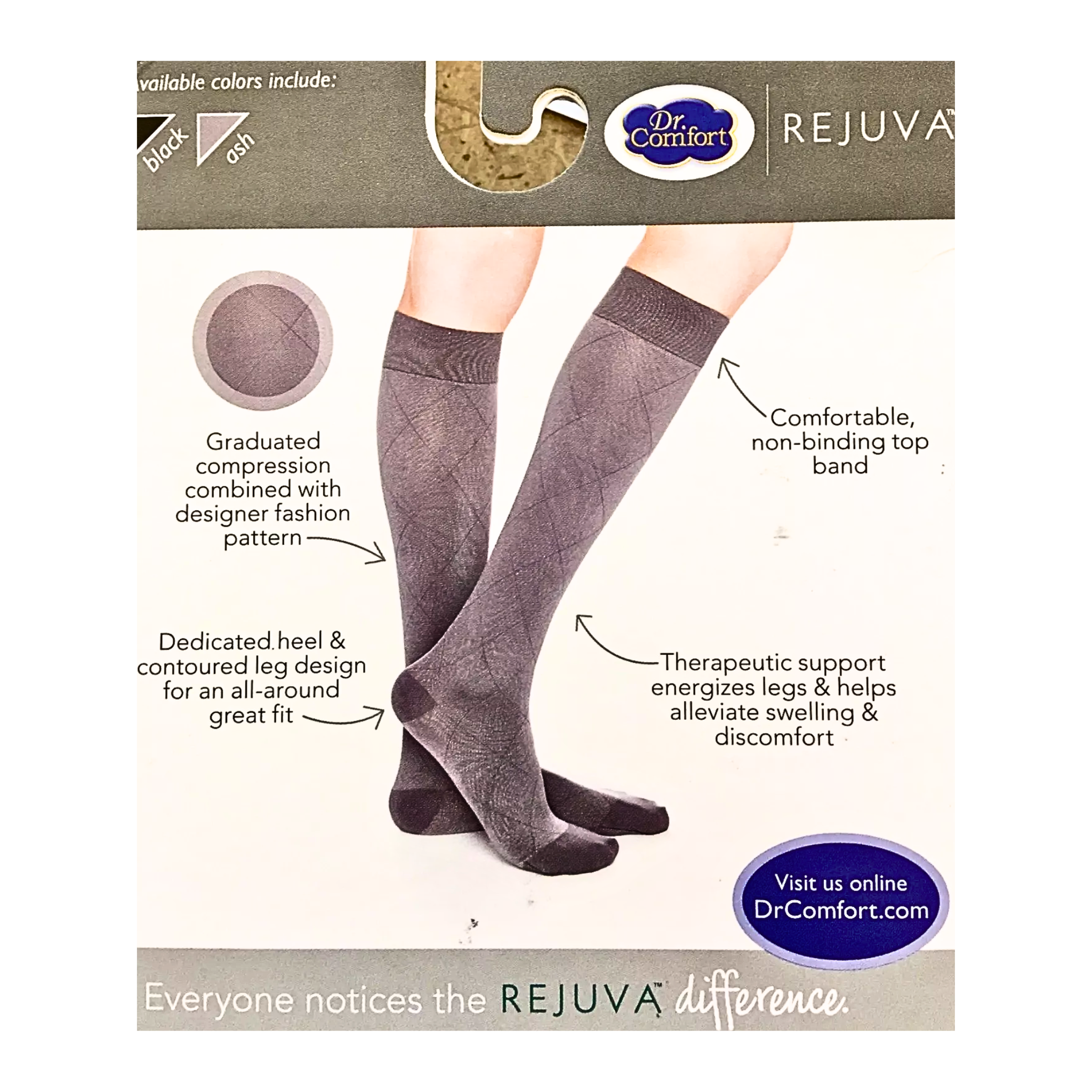 Dr. Comfort, Rejuva Knee-High Compression Socks, Opaque Diamond Pattern, 15-20 mmHg, Unisex, Small, Ash