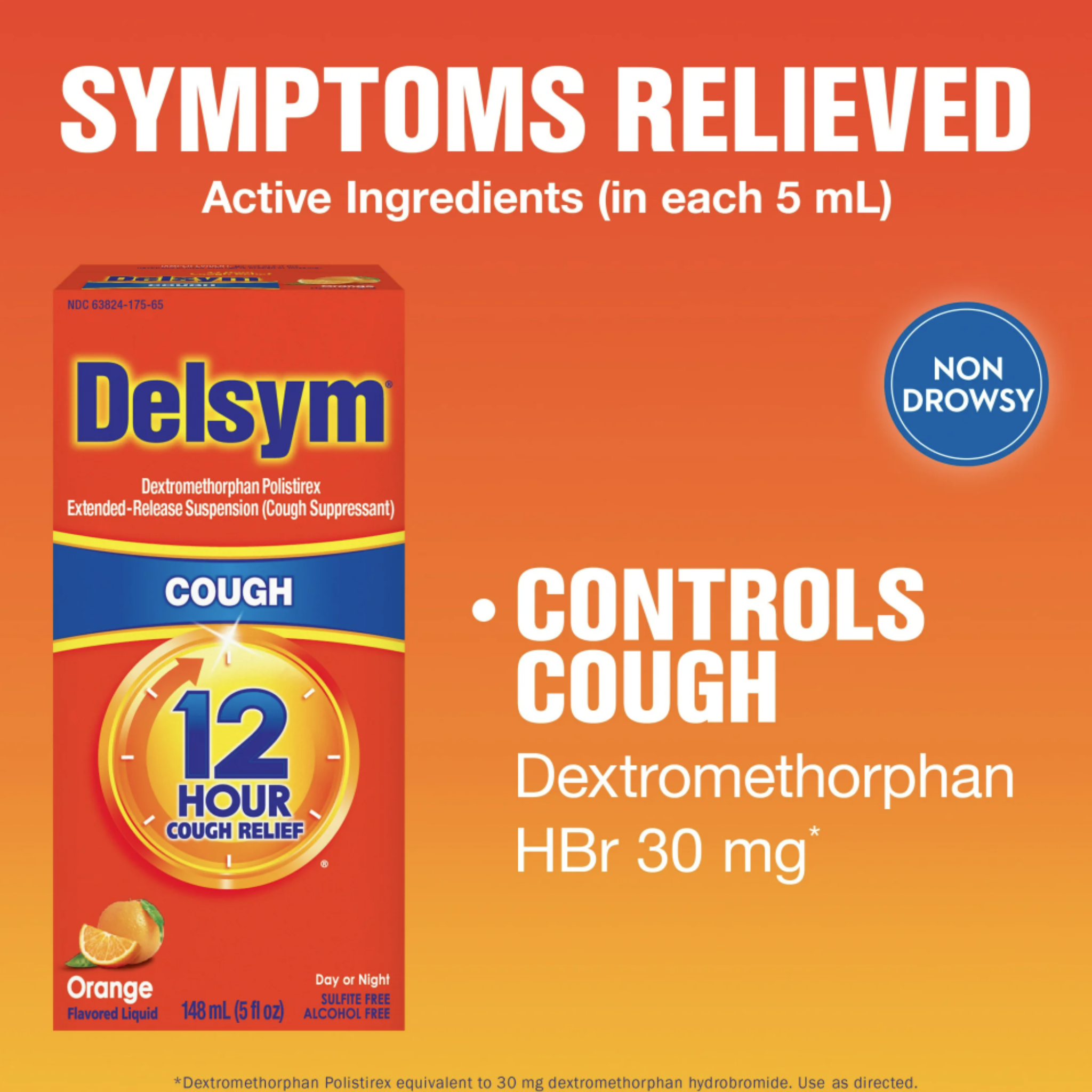 Delsym Adult 12 hour Cough Relief Medicine, Powerful Cough Relief for 12 Good Hours, Cough Suppressing Liquid, Orange Flavor, 5 Fl Oz