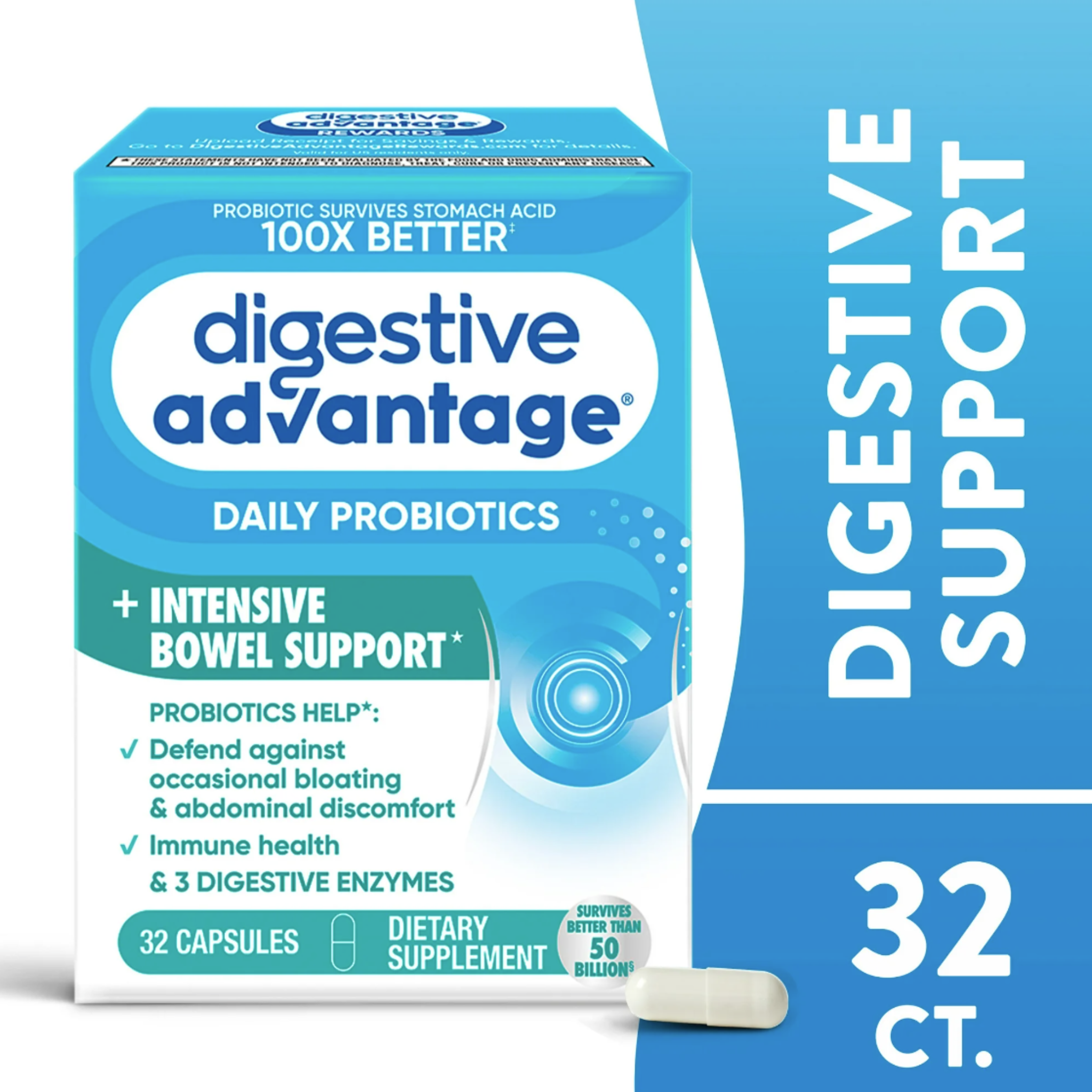 Digestive Advantage Intensive Bowel Support Probiotics For Women And Men, Digestive Enzymes For Gut Health, 32 Capsules