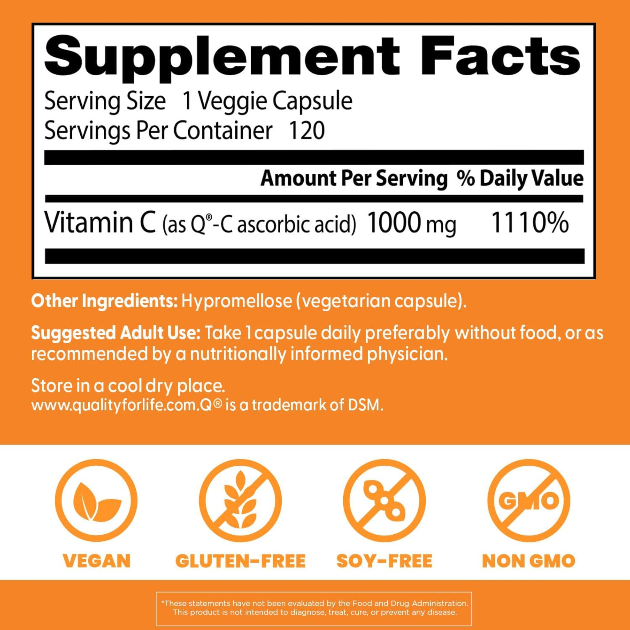 Doctor's Best, Vitamin C with Q-C, 1000mg Vitamin C Supplement, Non-GMO Vegan Formula, Sourced from Scotland, Gluten & Soy Free, Veggie Caps, 120 Count