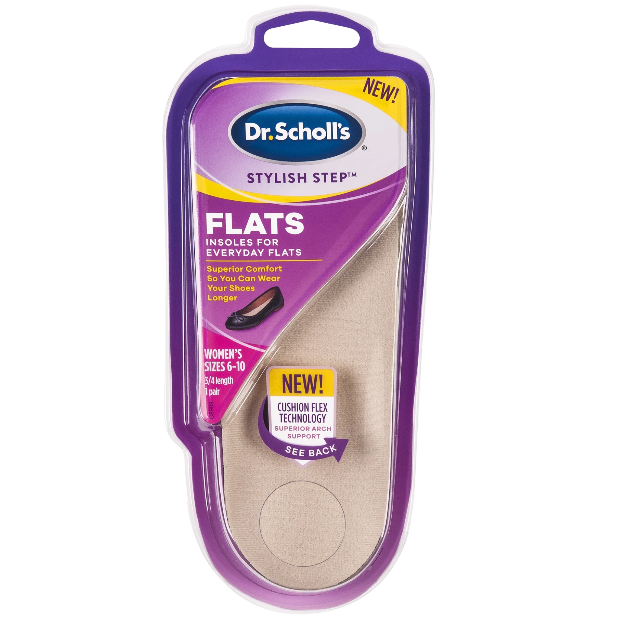 Dr. Scholl's, Stylish Step Comfort Insoles for Flats, Cushioned Support for Everyday Wear, Size 6-10, 1 Pair