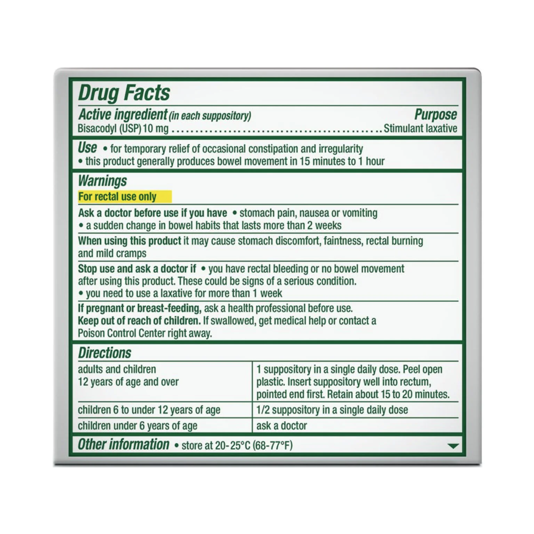 Dulcolax Stimulant Laxative Medicated Suppositories 4ct Fast Relief, Rectal Use Only, Bisacodyl 10mg
