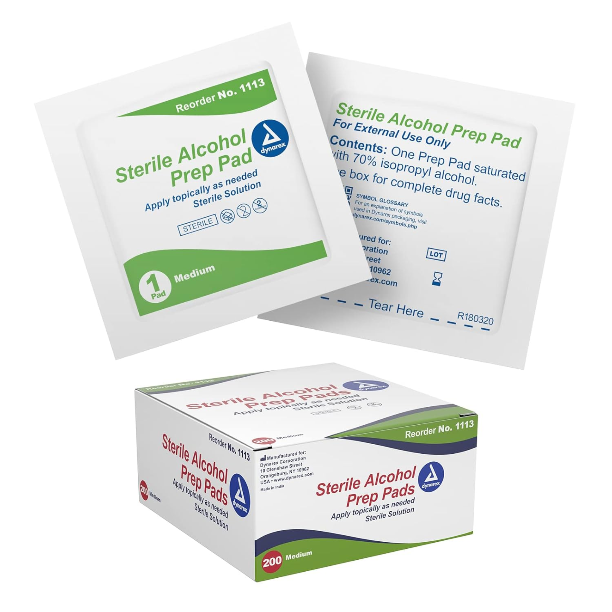 Dynarex Alcohol Prep Pads, Sterile, Medium, 200 Count