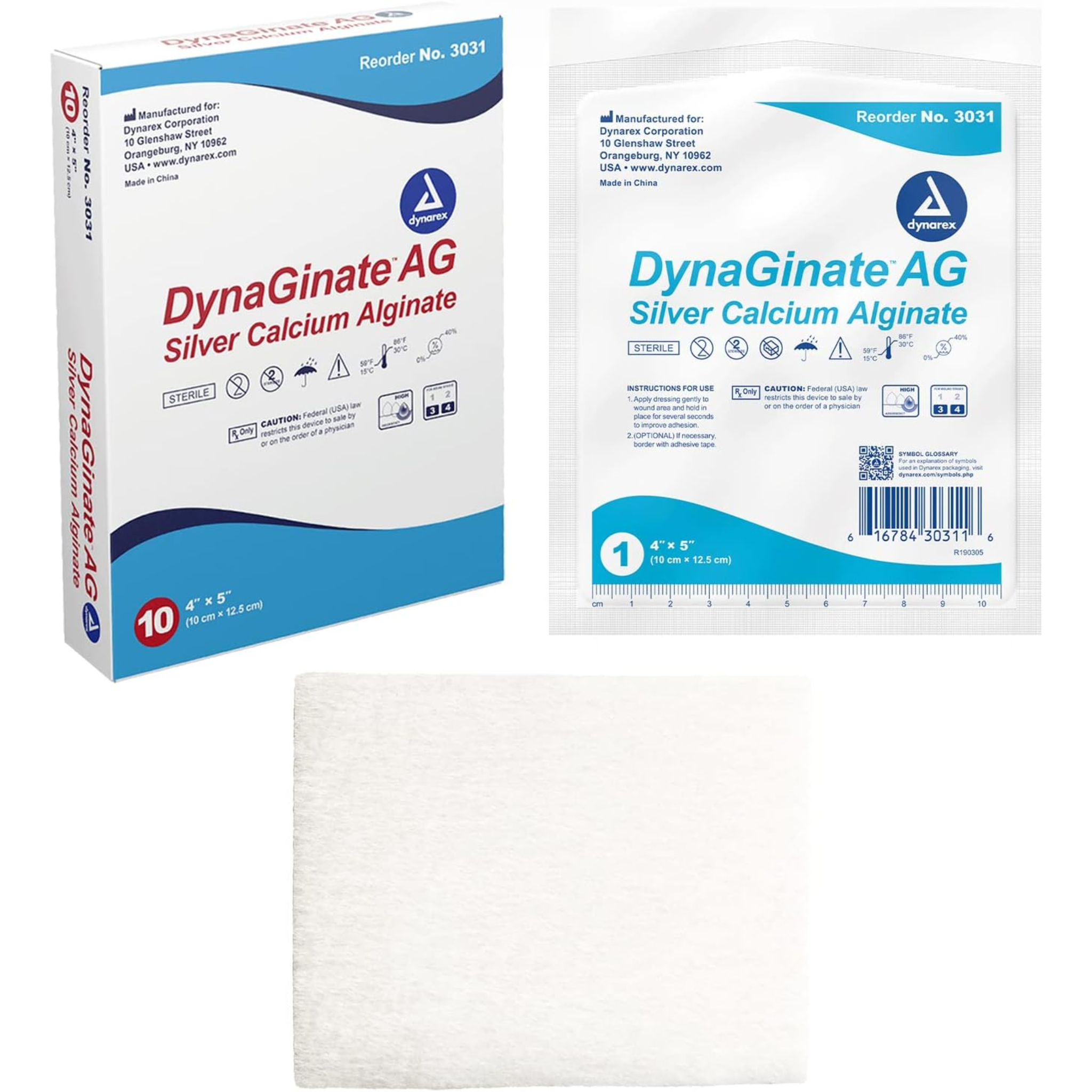 Dynarex DynaGinate AG Silver Calcium Alginate Wound Dressings, 4” x 5” – Antimicrobial Silver Ion Dressing, 10 Count