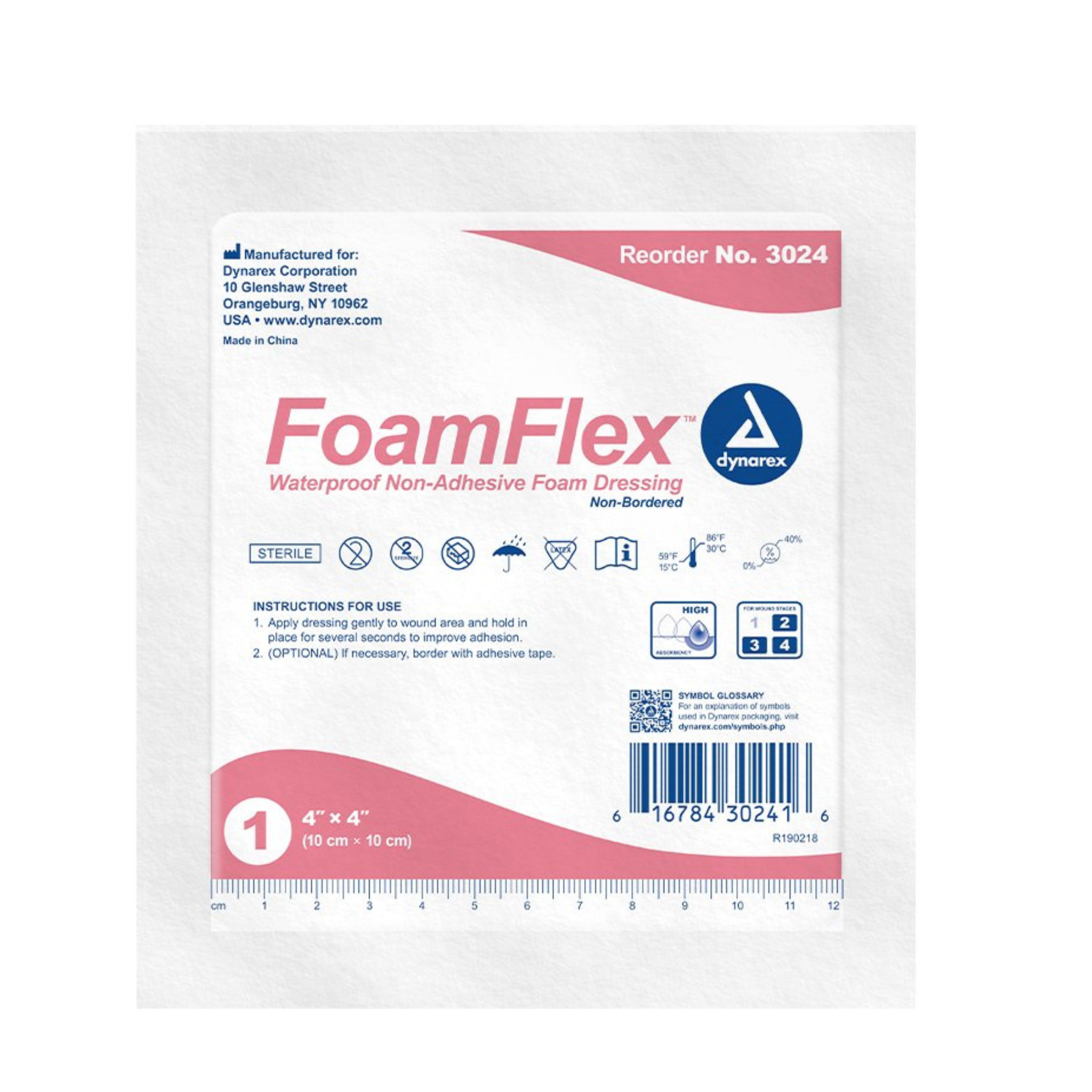 Dynarex FoamFlex Non-Adhesive Waterproof Foam Dressings - 4" x 4", Breathable and Highly Absorbent Foam Dressings for Wounds, Box of 10