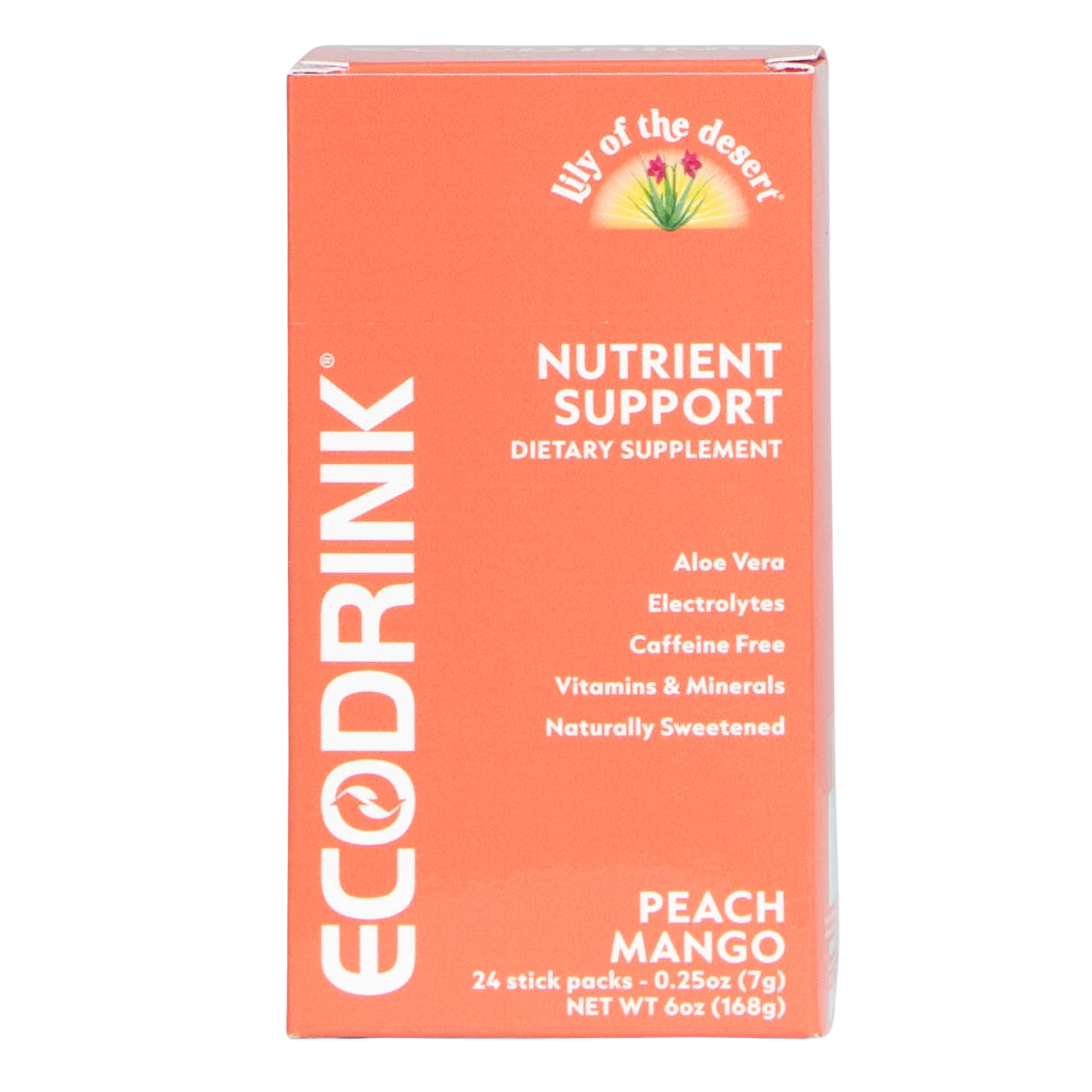 EcoDrink, Peach Mango Nutrient Support Drink Mix, Daily Multivitamins and Electrolytes, Immune and Energy Support, 24 Count (Pack of 8)