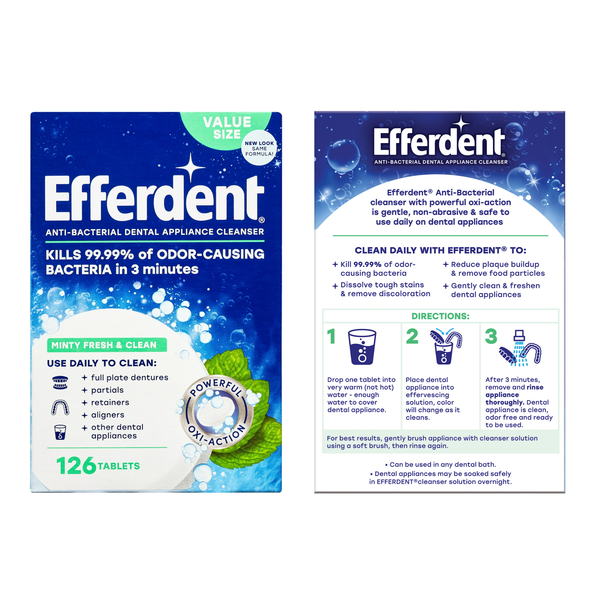 Efferdent, Retainer & Denture Cleaner Tablets, Minty Fresh & Clean, Removes Stains and Odors, 126 Count - Pharmaful