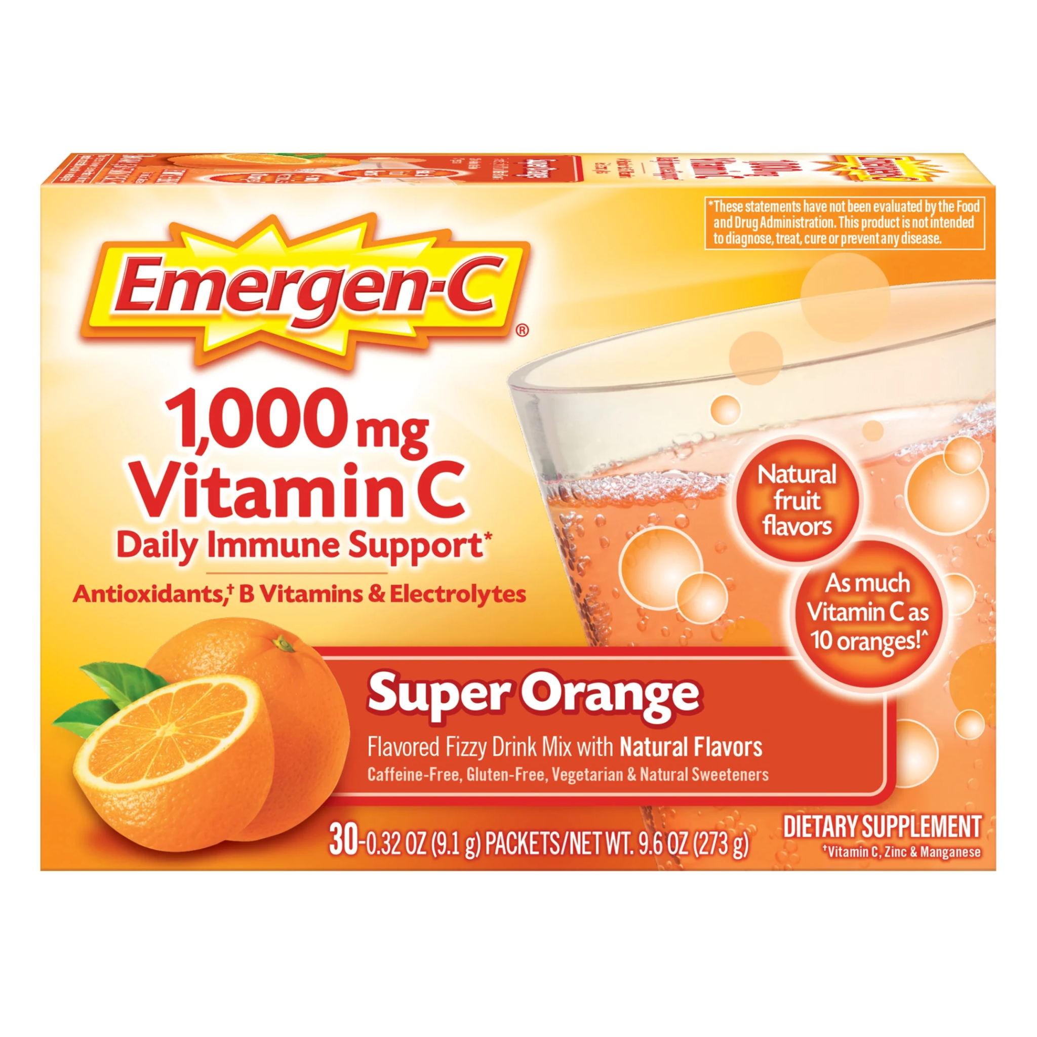 Emergen-C, 1000mg Vitamin C Powder, Immune Support Supplement, Super Orange Flavor, 30 Ct