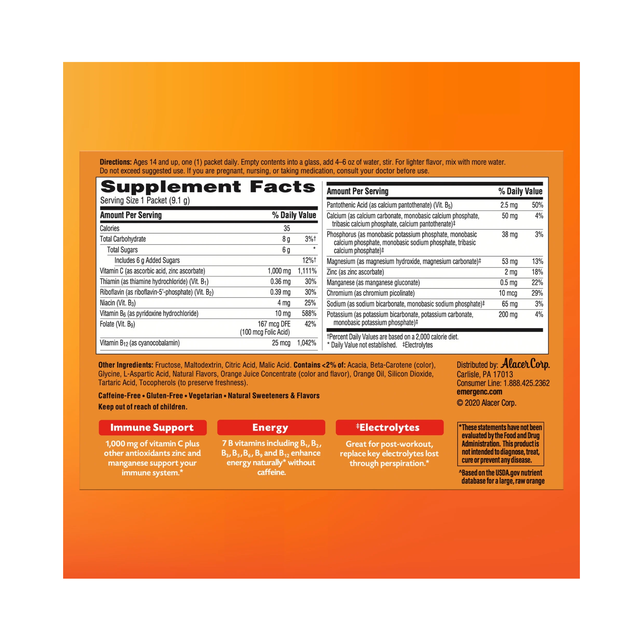 Emergen-C, Vitamin C Powder, Immune Support Supplement, Tangerine Flavor, 30 Ct