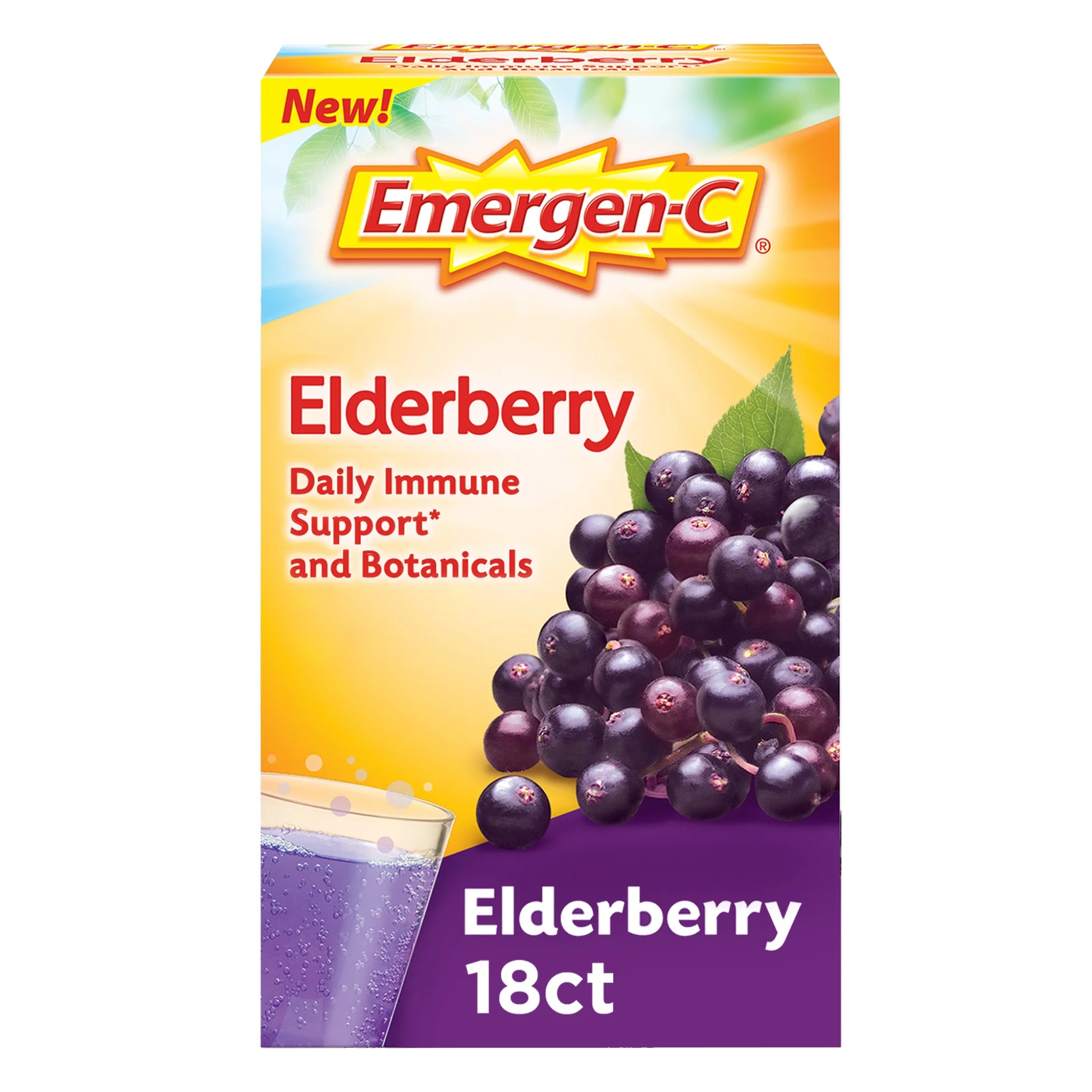 Emergen-C, High Potency Vitamin C Fizzy Drink Mix, Immune Support Supplement, Elderberry Flavor, 18 Ct