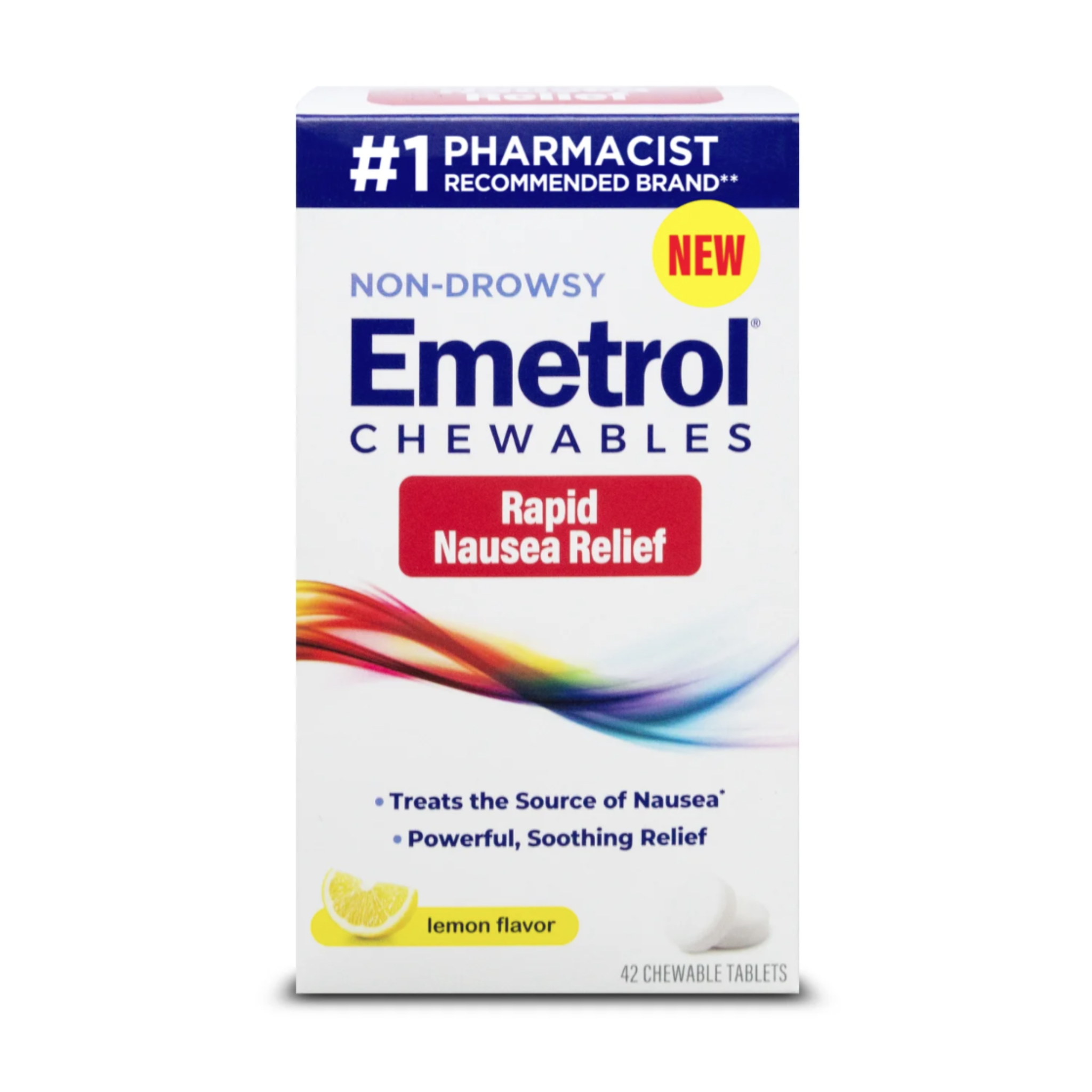 Emetrol Chewables for Rapid Nausea Relief Non-Drowsy, Lemon Flavor, 42 Tablets