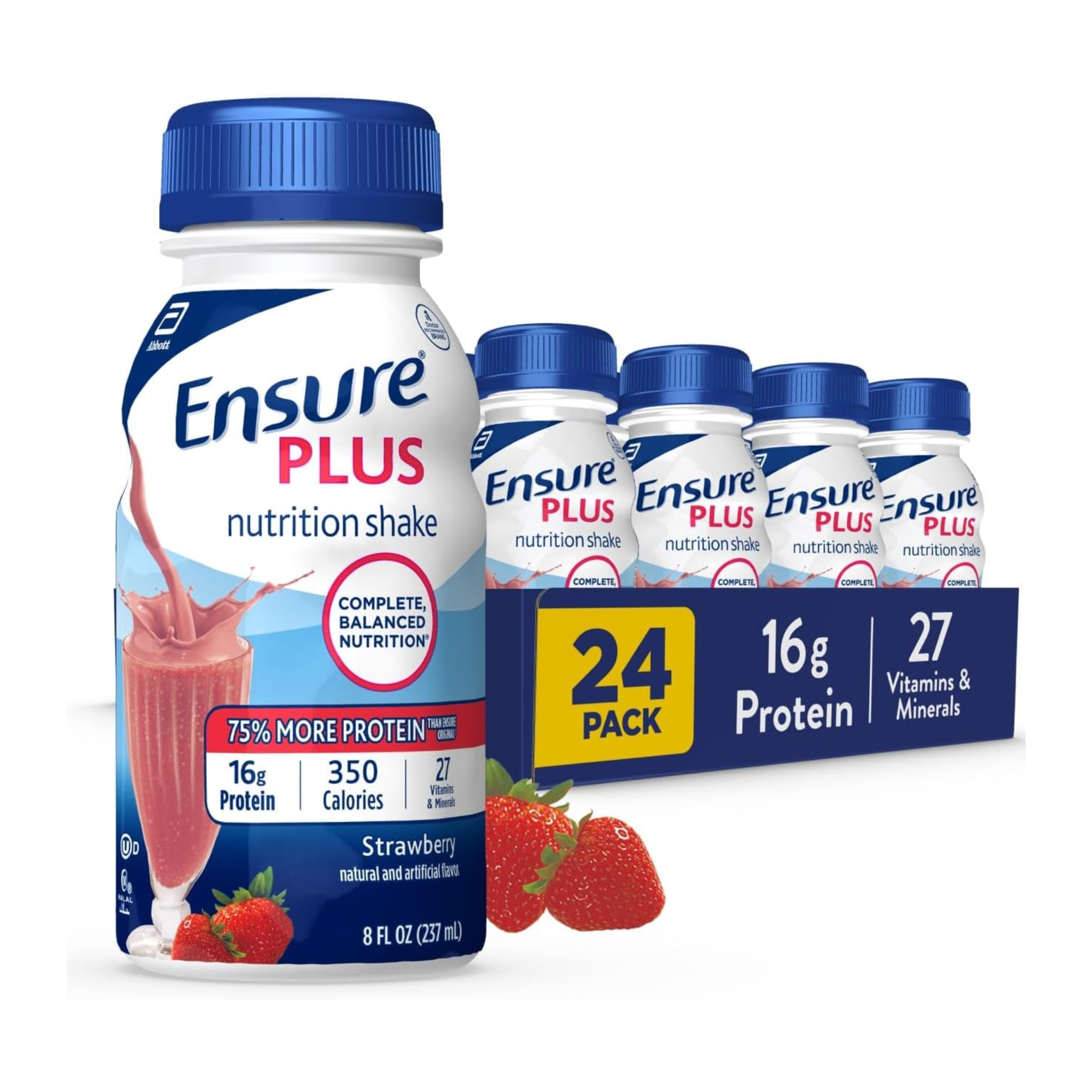 Ensure, Plus Strawberry Nutrition Shake, High-Protein Meal Replacement, 8 fl oz, 24 Pack