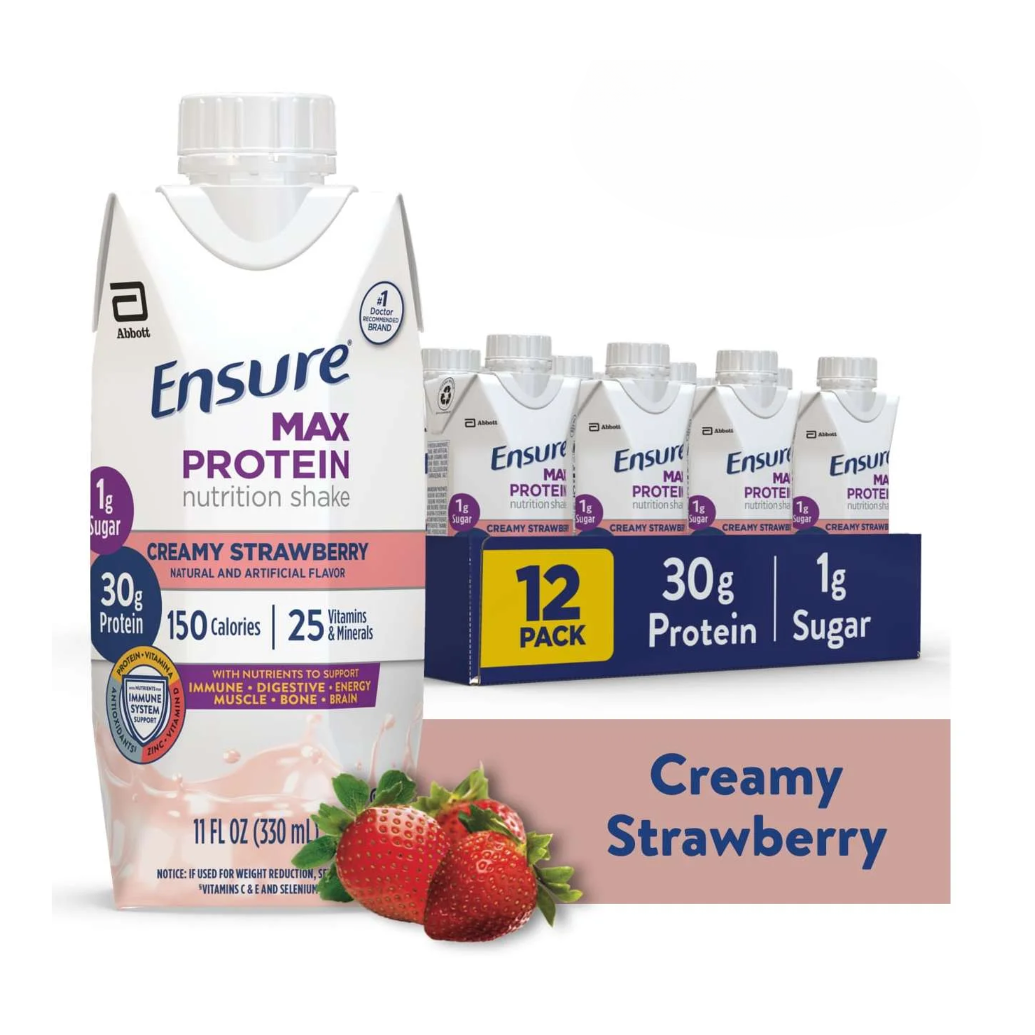 Ensure, Max Protein Nutrition Shake, 30g Protein, Essential Nutrients, Creamy Strawberry, 11 fl oz, 12 Pack