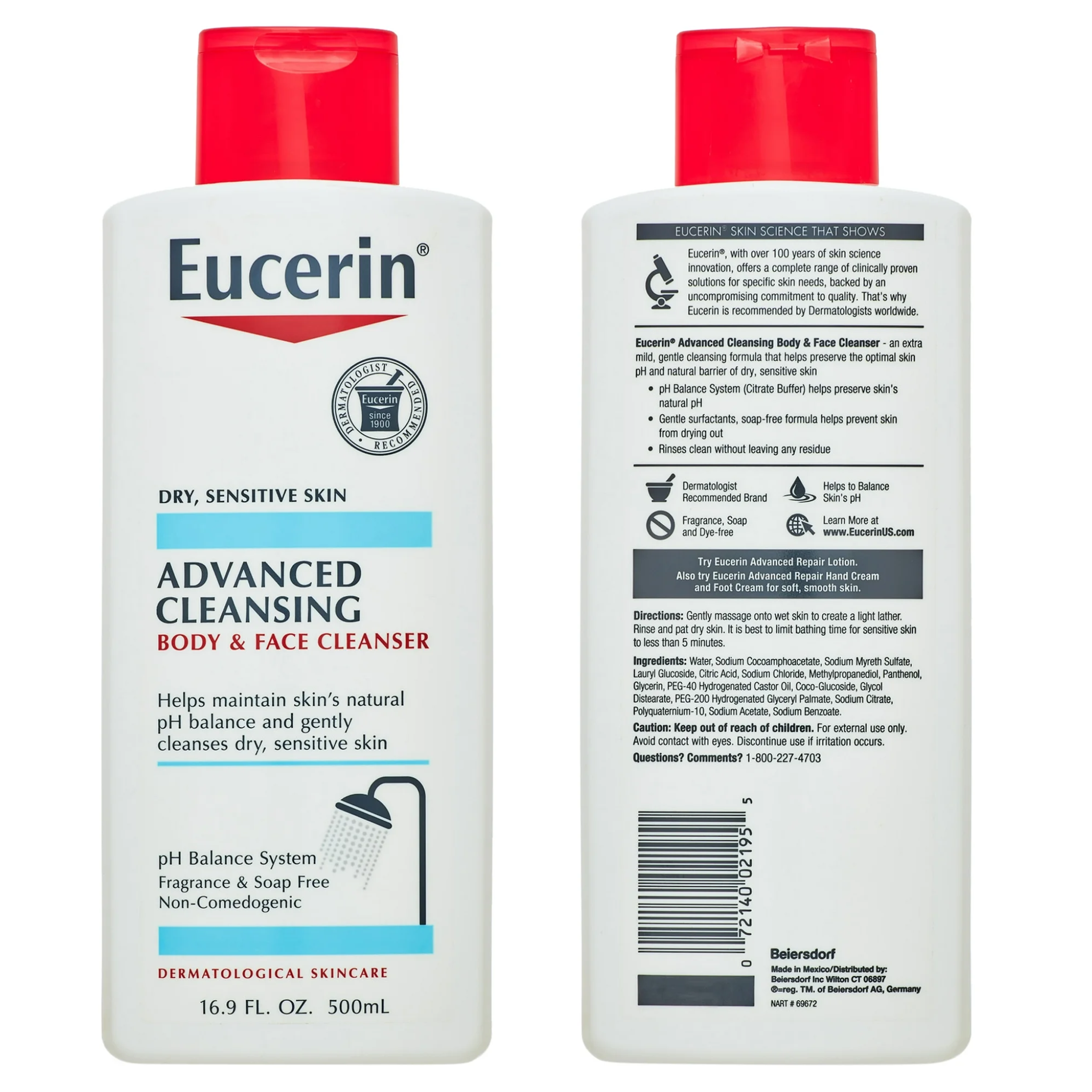 Eucerin®, Advanced Cleansing Body and Face Cleanser, Soap-Free and Gentle Formula for Sensitive Skin, 16.9 fl oz - Pharmaful