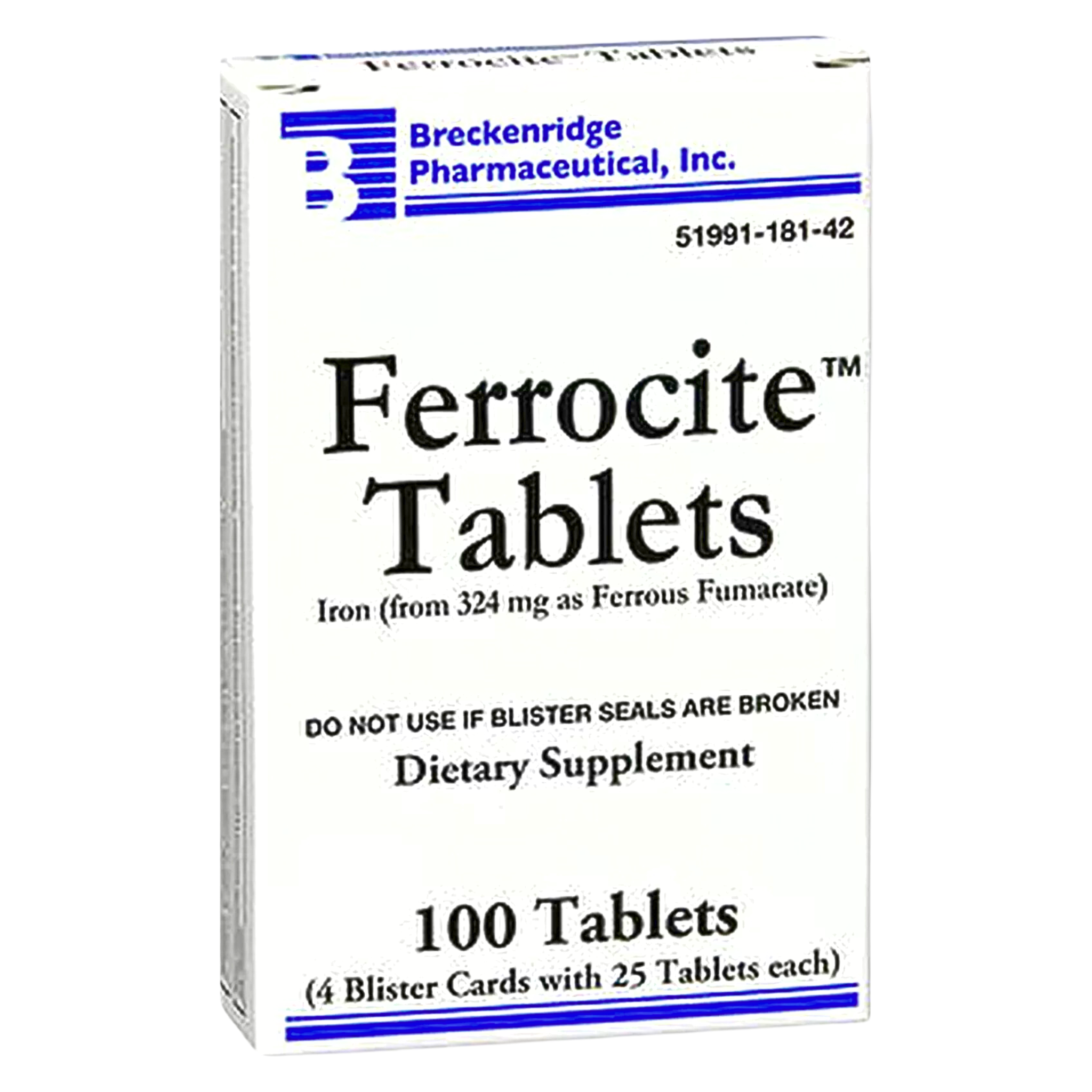 Breckenridge, Ferrocite Iron Supplement, Ferrous Fumarate 324 mg for Red Blood Cell Support, 100 Tablets