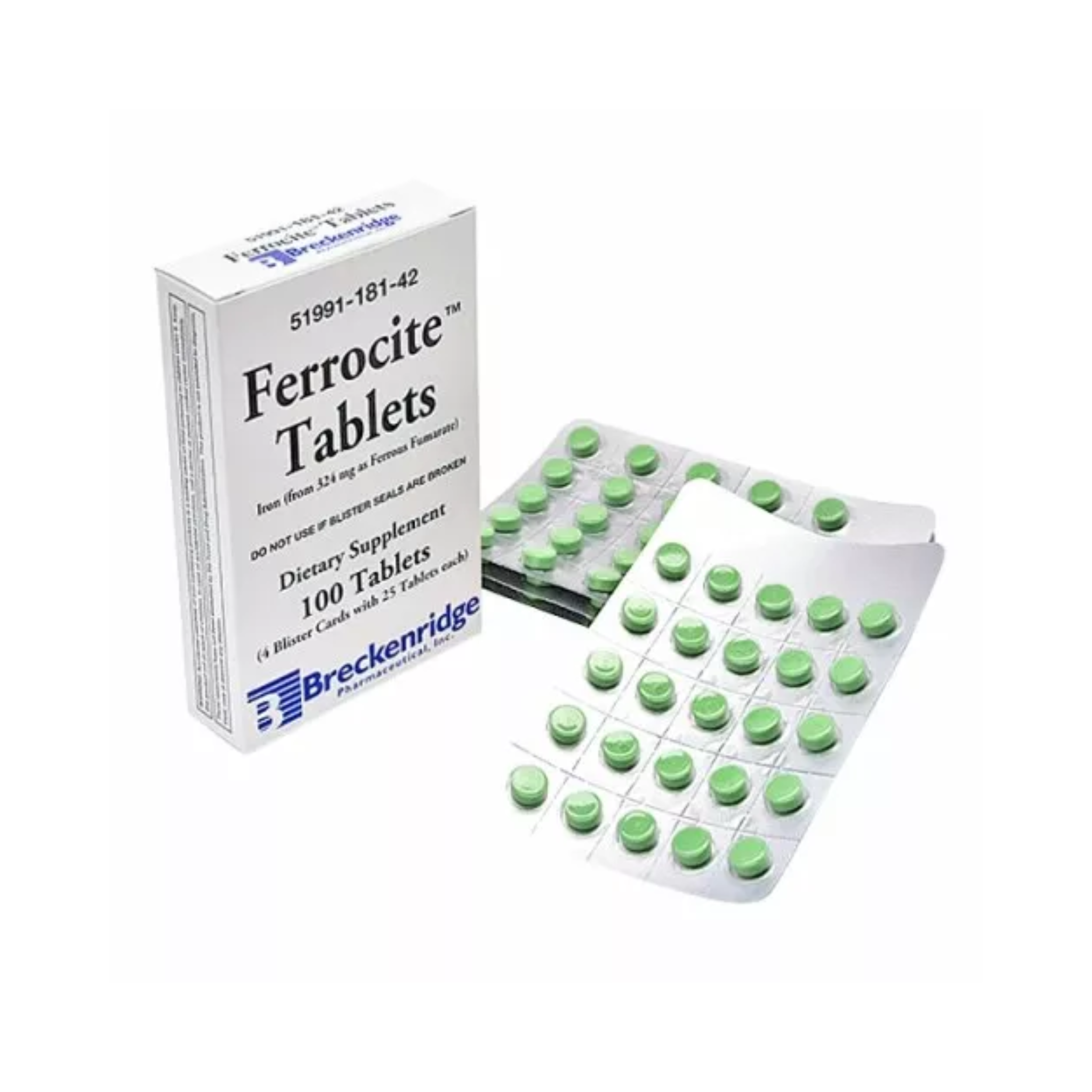 Breckenridge, Ferrocite Iron Supplement, Ferrous Fumarate 324 mg for Red Blood Cell Support, 100 Tablets