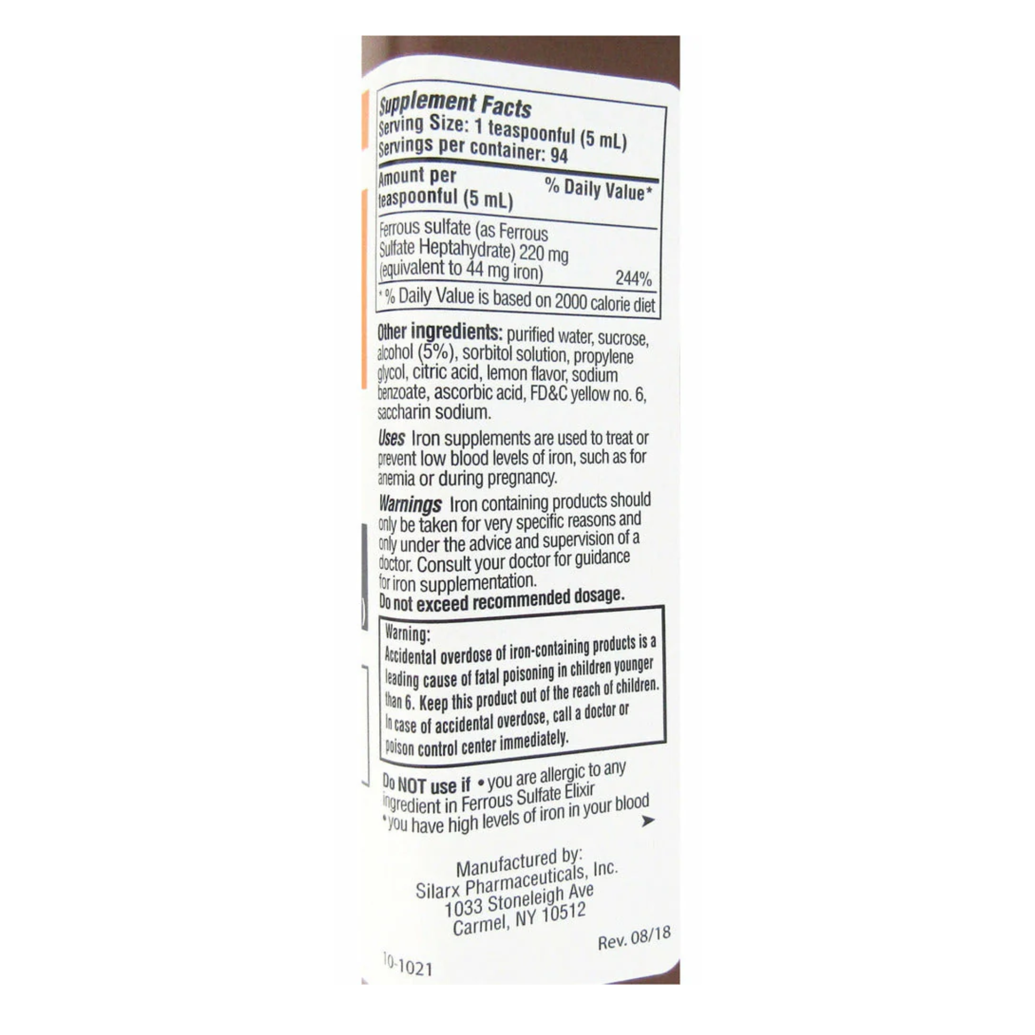 Silarx Laboratories, Ferrous Sulfate Elixir 220 mg, Liquid Iron Supplement for Red Blood Cell Support, 16 oz