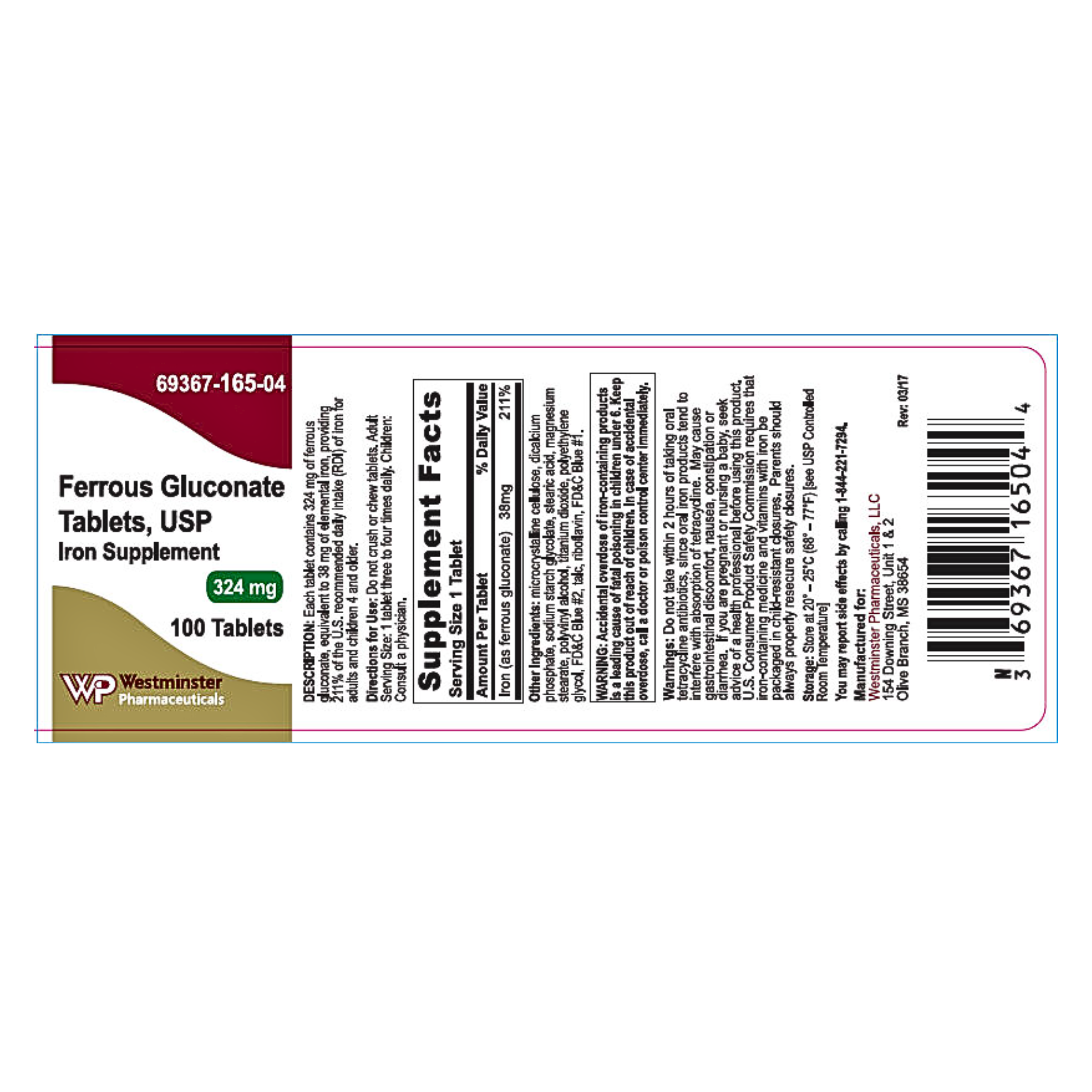 Westminster Pharmaceuticals, Ferrous Gluconate 324 mg, Gentle Iron Supplement for Red Blood Cell Support, 100 Tablets