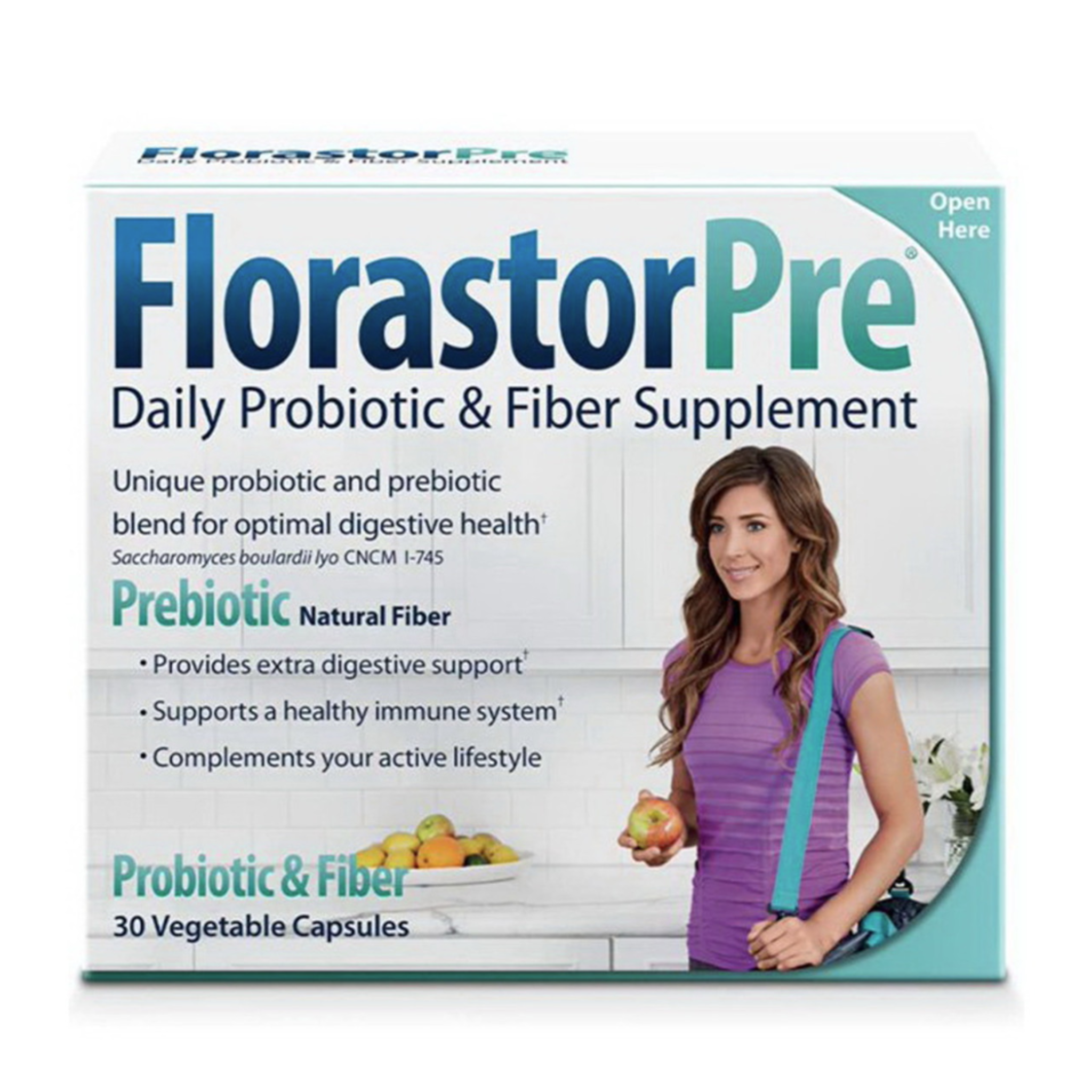 Florastor Pre Daily Probiotic and Fiber Supplement Vegetarian Capsules, 30 Ea