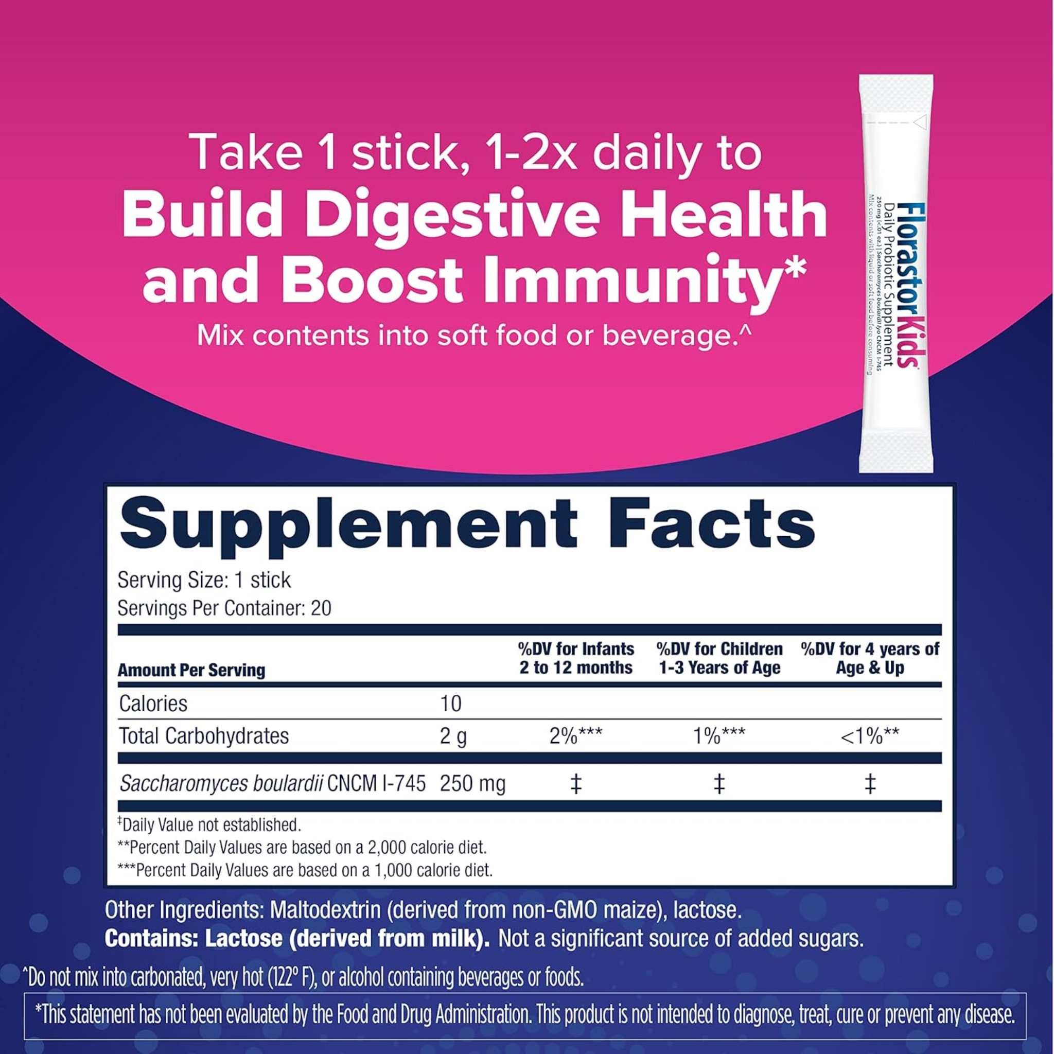 Florastor, Kids' Digestive Probiotic Powder, Easy-to-Mix Formula with Saccharomyces boulardii for Daily Gut Support, 20 Count
