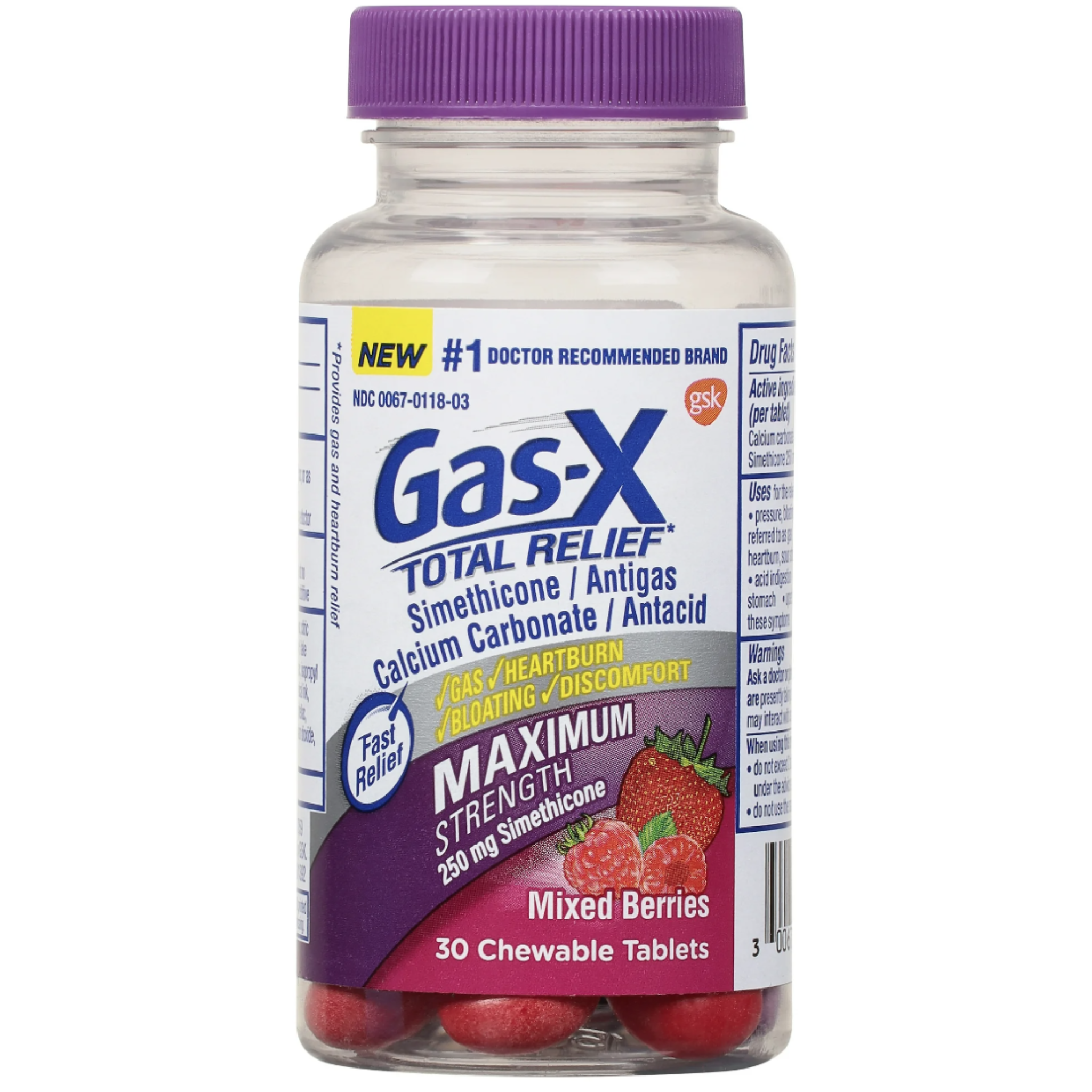 Gas-X Total Relief Chewable Tablets with Maximum Strength Gas Relief Simethicone 250 mg and Heartburn Relief Calcium Carbonate 750 mg, Mixed Berries - 30 Count