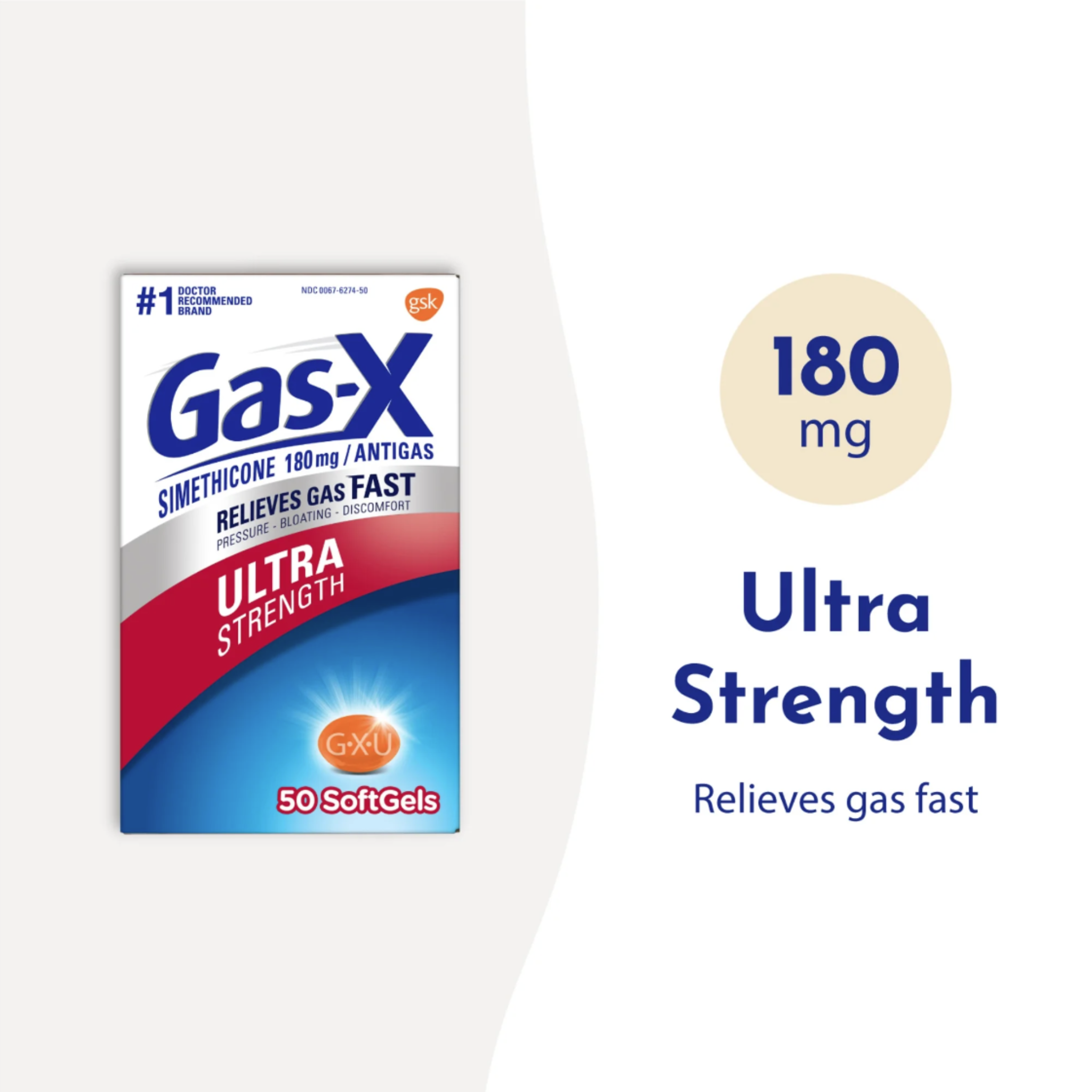 Gas-X Ultra Strength Gas Relief Softgels With Simethicone 180 Mg for Bloating Relief - 50 Count