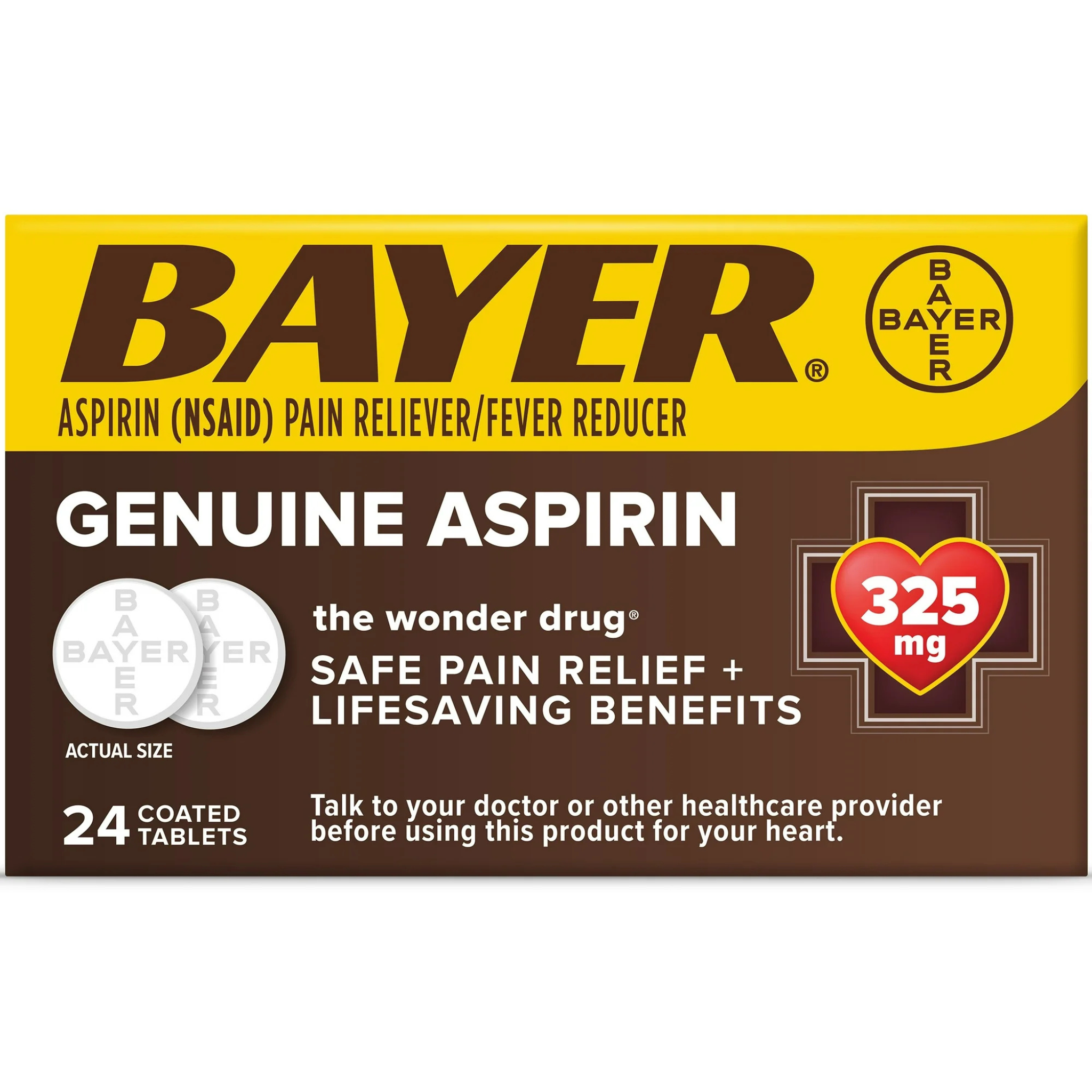 Genuine Bayer Aspirin Pain Reliever / Fever Reducer 325mg Coated Tablets, 24 Ct