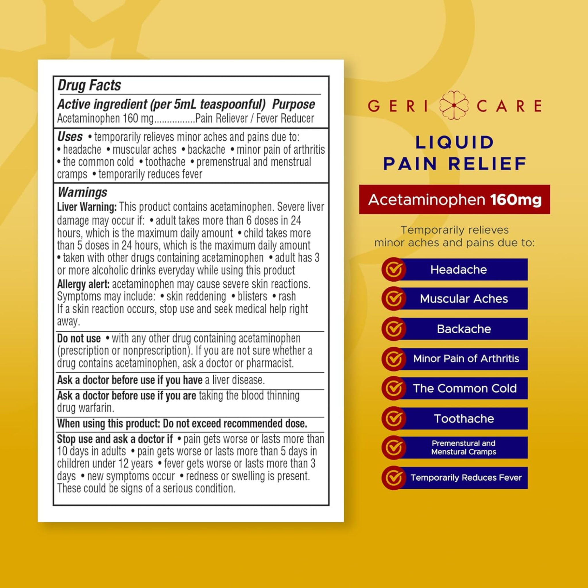 Geri-Care, Liquid Acetaminophen Pain Reliever, Cherry Flavor for Temporary Pain Relief, 160 mg/5 mL, 16 oz