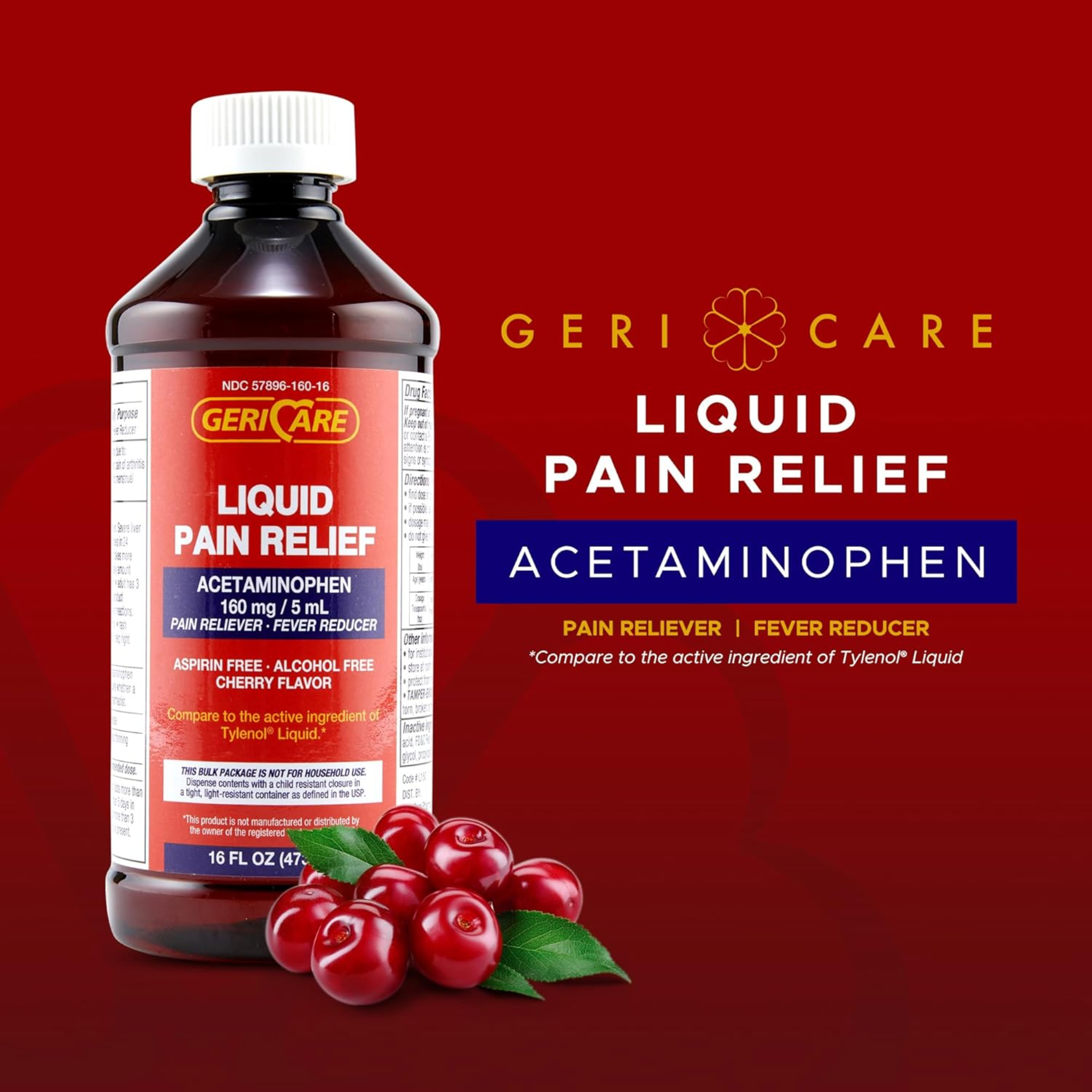 Geri-Care, Liquid Acetaminophen Pain Reliever, Cherry Flavor for Temporary Pain Relief, 160 mg/5 mL, 16 oz
