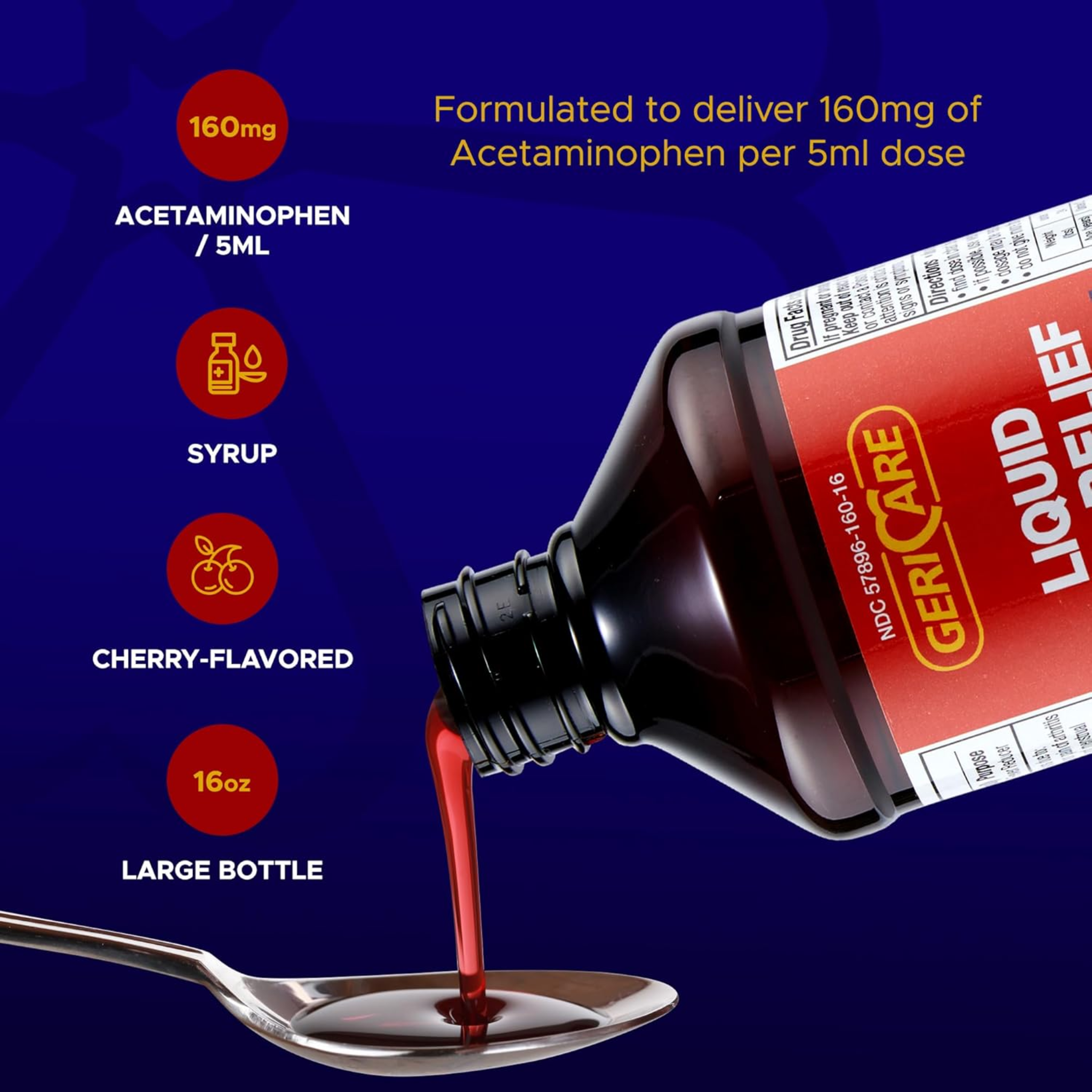 Geri-Care, Liquid Acetaminophen Pain Reliever, Cherry Flavor for Temporary Pain Relief, 160 mg/5 mL, 16 oz