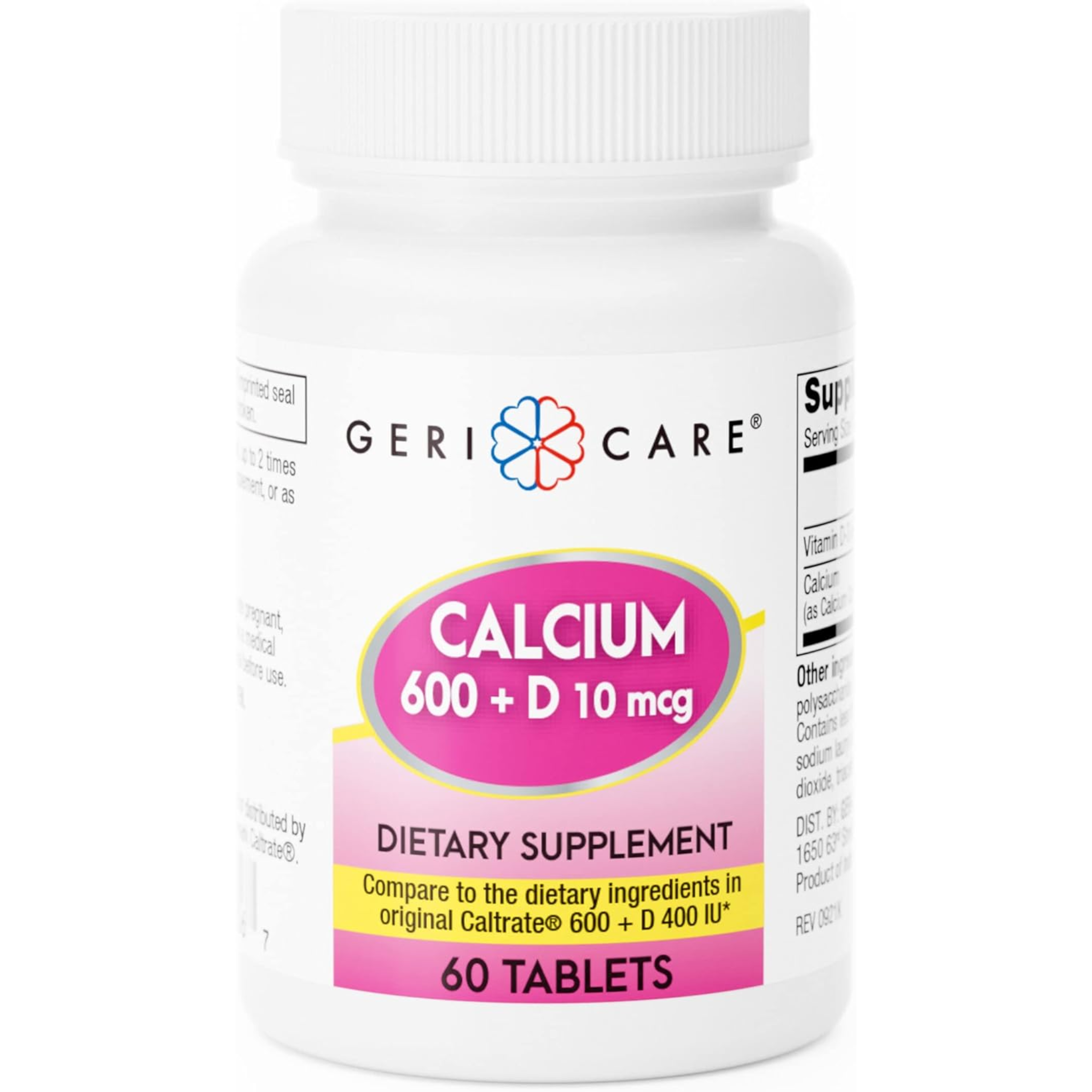 GeriCare, Calcium 600mg with Vitamin D 10mcg, Bone Health Support, Nutritional Supplement, 60 Tablets