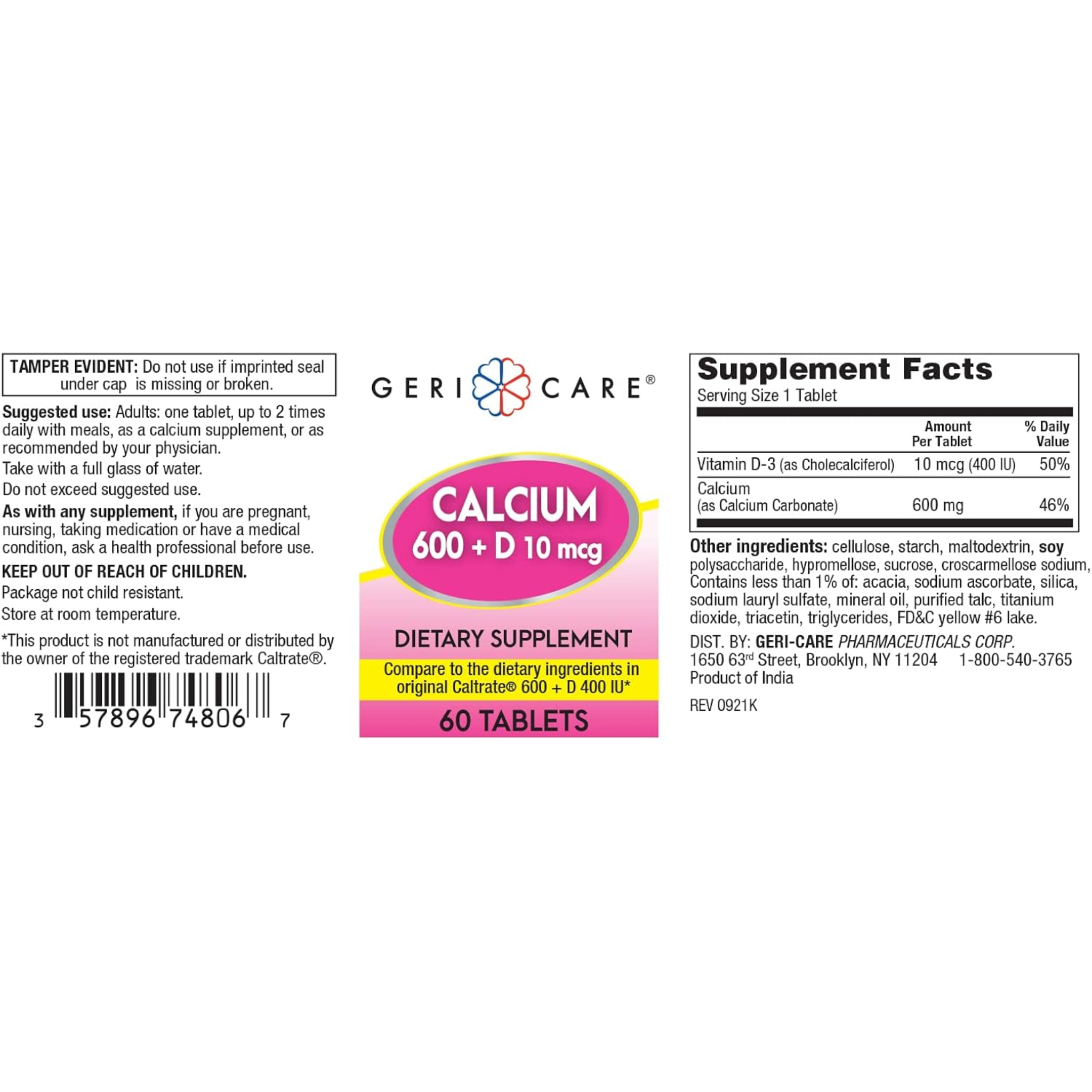GeriCare, Calcium 600mg with Vitamin D 10mcg, Bone Health Support, Nutritional Supplement, 60 Tablets