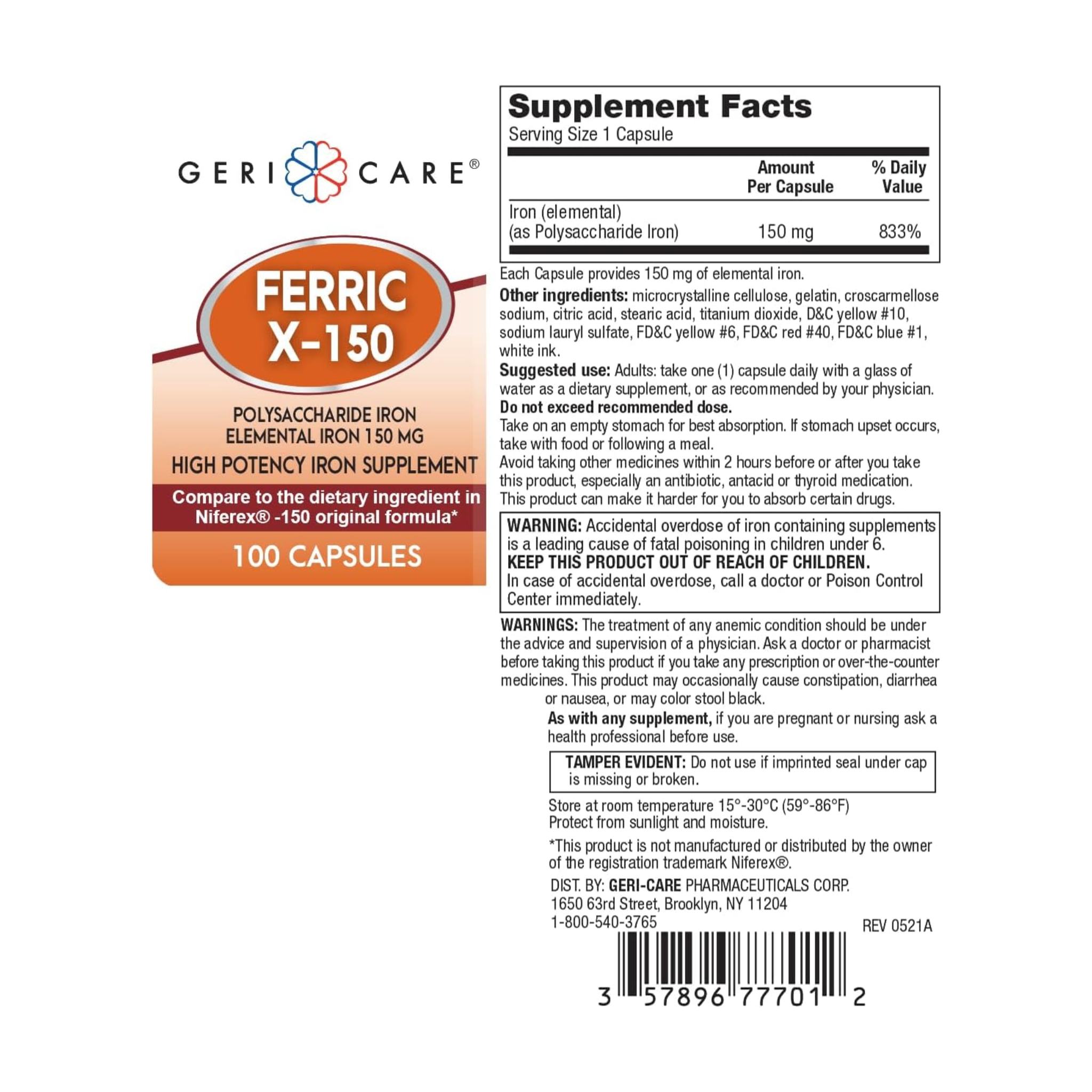 GeriCare, Ferric X-150, High-Potency Polysaccharide Iron Supplement for Optimal Absorption, 100 Capsules